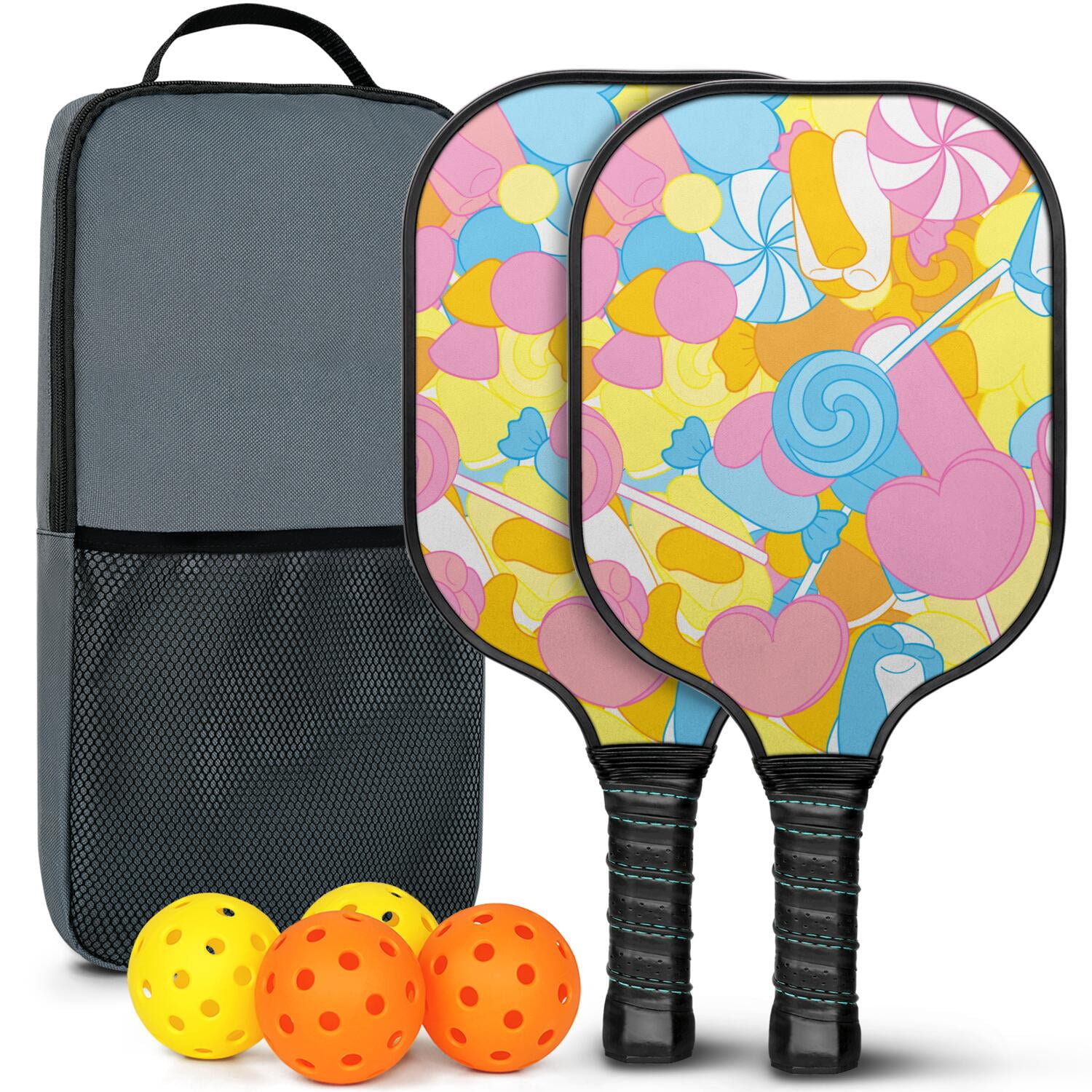 Pickleball Paddles Set Of 2, Fiberglass Surface, Sweet Candy Print, 4 Balls & Bag