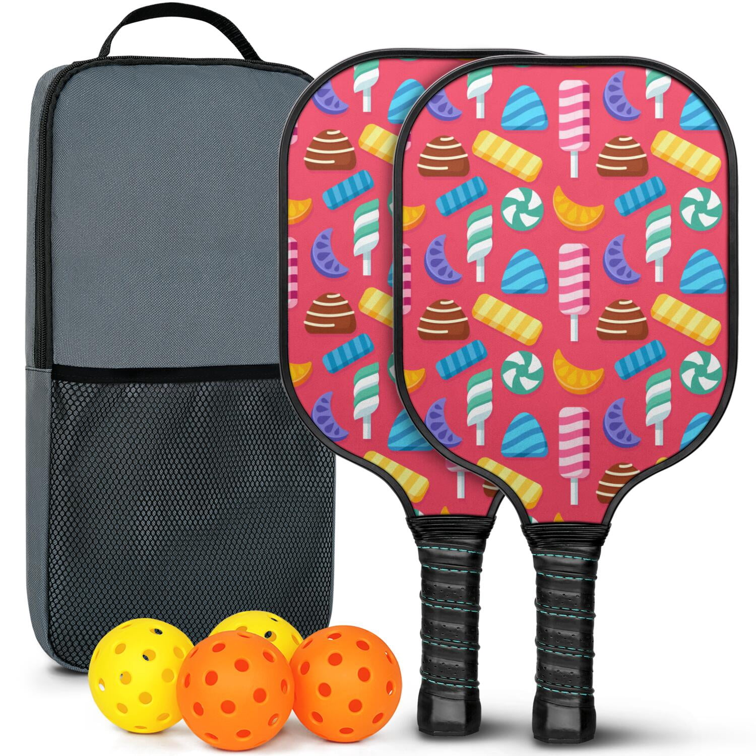 Pickleball Paddles Set Of 2, Fiberglass Surface, Sweet Candy Print, 4 Balls & Bag
