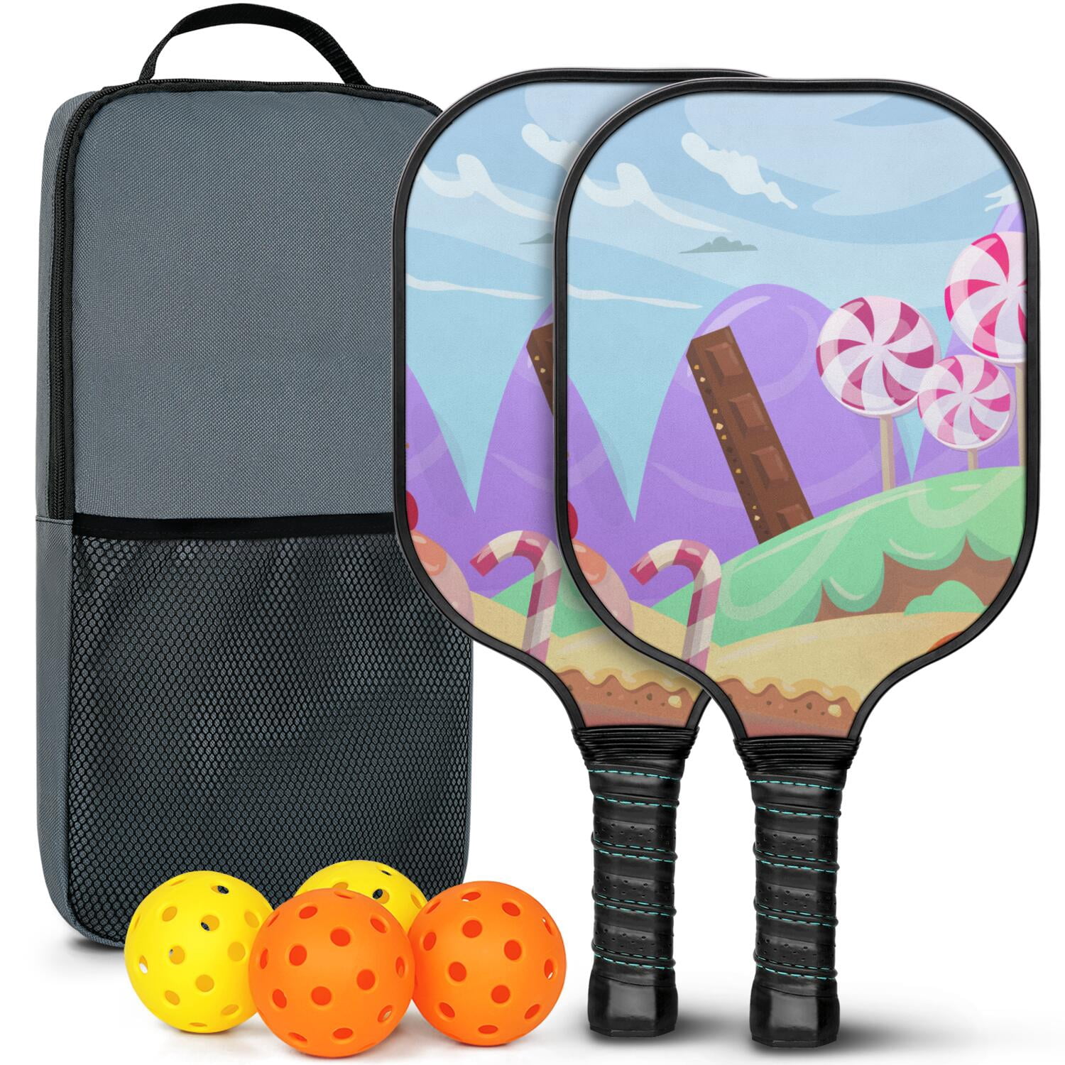 Pickleball Paddles Set Of 2, Fiberglass Surface, Sweet Candy Print, 4 Balls & Bag