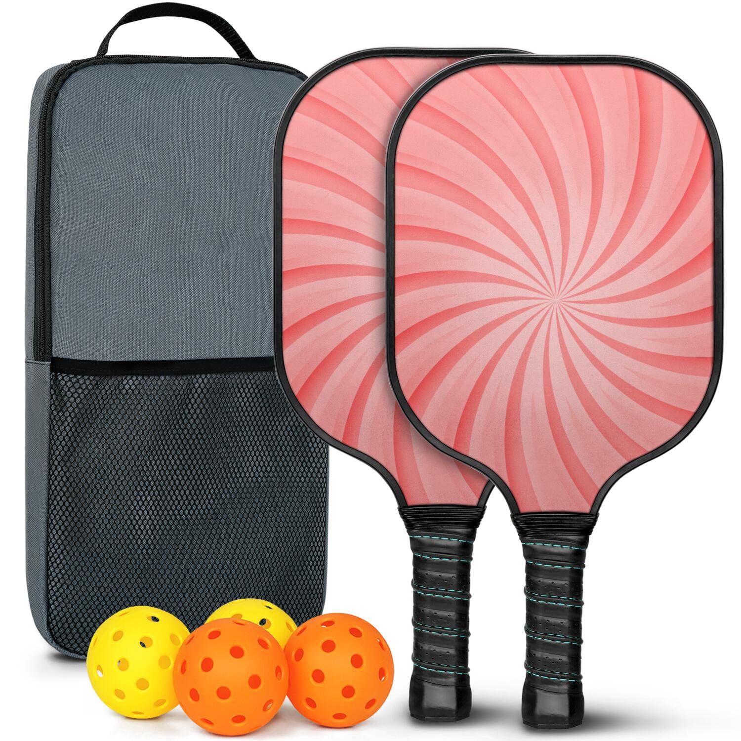 Pickleball Paddles Set Of 2, Fiberglass Surface, Sweet Candy Print, 4 Balls & Bag