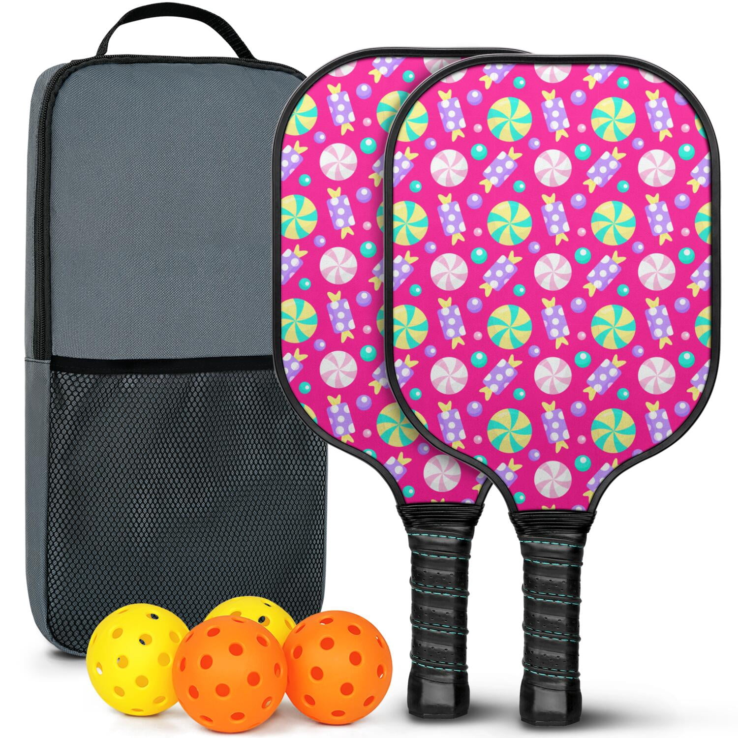 Pickleball Paddles Set Of 2, Fiberglass Surface, Sweet Candy Print, 4 Balls & Bag