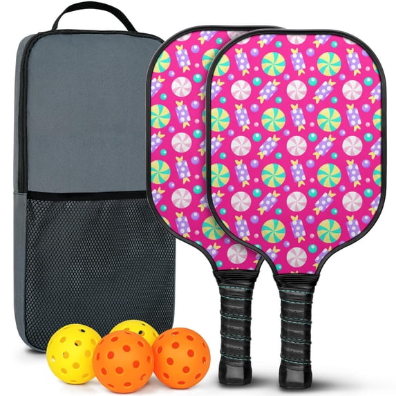 Pickleball Paddles Set Of 2, Fiberglass Surface, Sweet Candy Print, 4 Balls & Bag