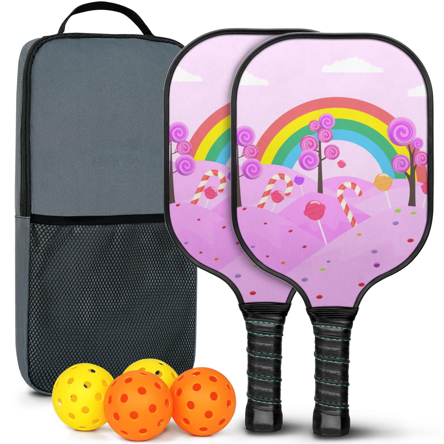 Pickleball Paddles Set Of 2, Fiberglass Surface, Sweet Candy Print, 4 Balls & Bag