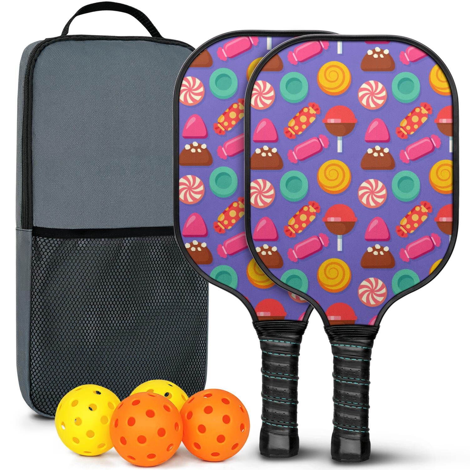 Pickleball Paddles Set Of 2, Fiberglass Surface, Sweet Candy Print, 4 Balls & Bag