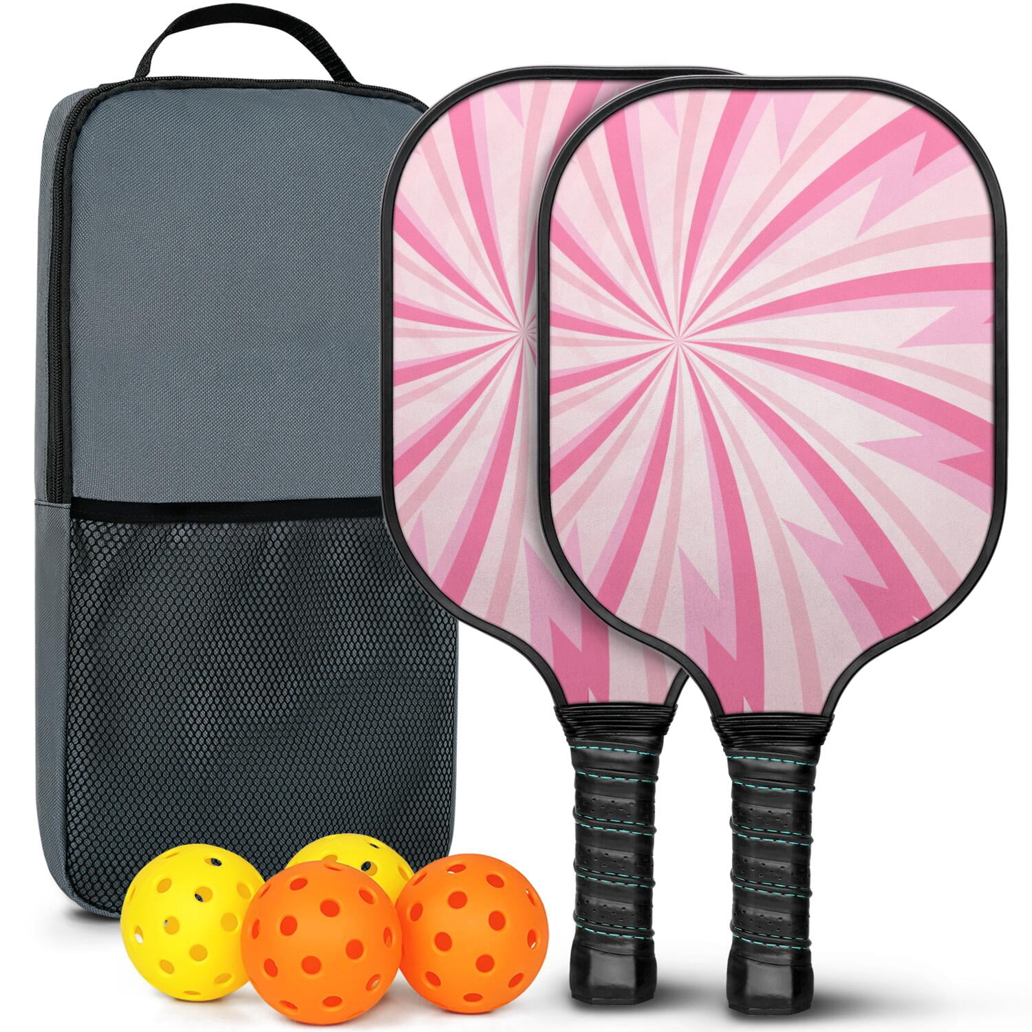 Pickleball Paddles Set Of 2, Fiberglass Surface, Sweet Candy Print, 4 Balls & Bag