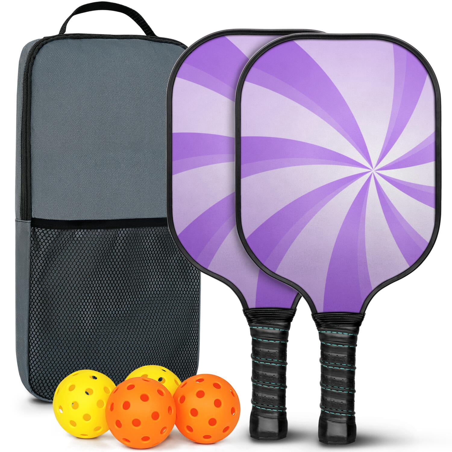 Pickleball Paddles Set Of 2, Fiberglass Surface, Sweet Candy Print, 4 Balls & Bag