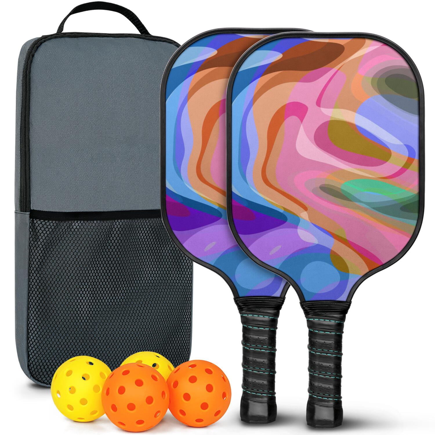 Pickleball Paddles Set Of 2, Fiberglass Surface, Sweet Candy Print, 4 Balls & Bag