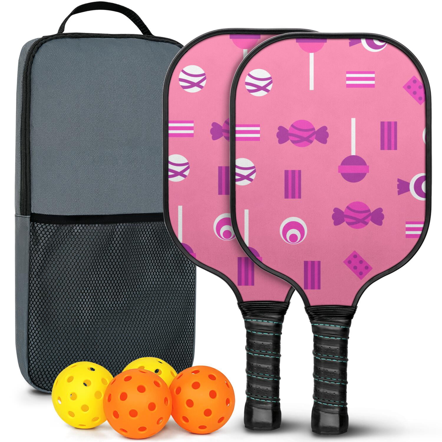 Pickleball Paddles Set Of 2, Fiberglass Surface, Sweet Candy Print, 4 Balls & Bag
