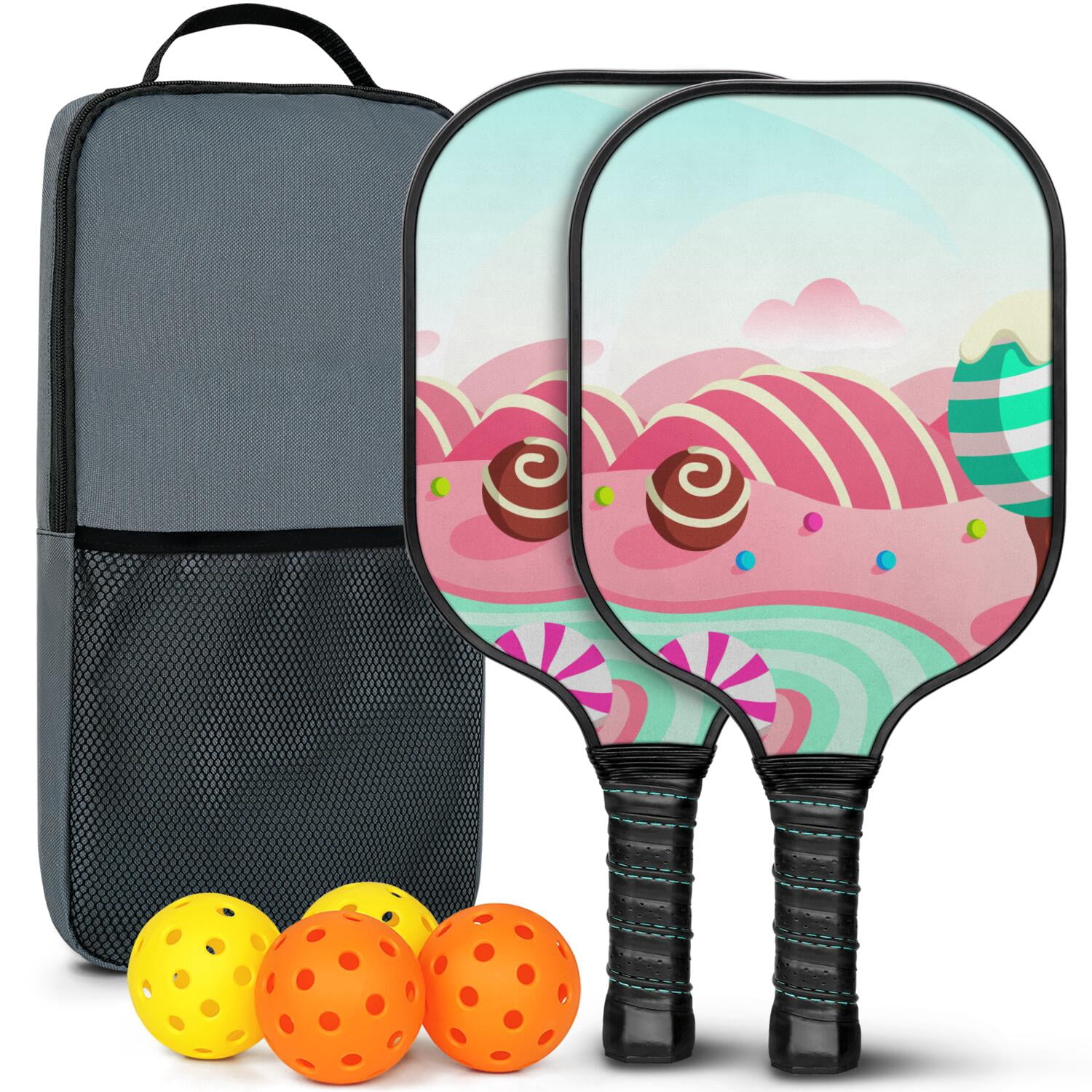 Pickleball Paddles Set Of 2, Fiberglass Surface, Sweet Candy Print, 4 Balls & Bag
