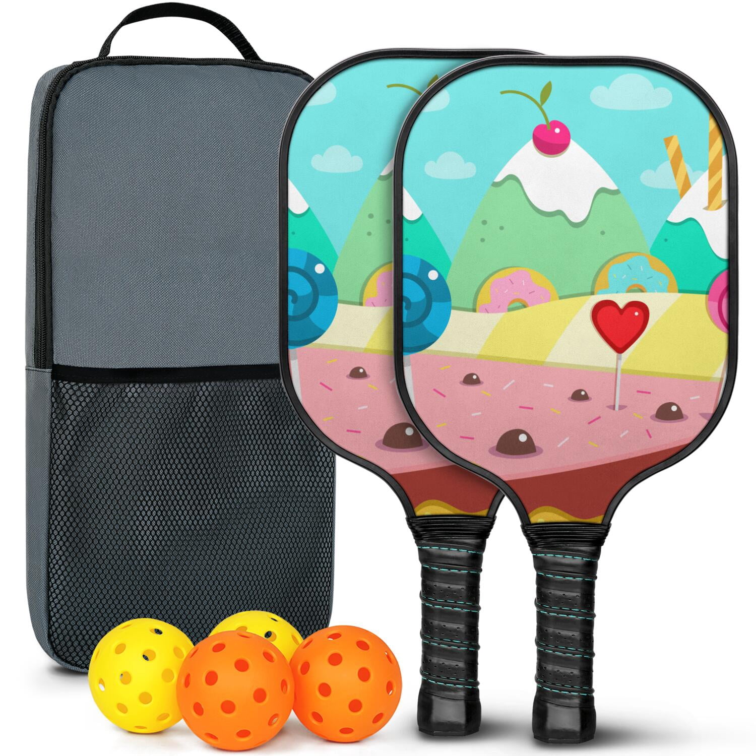 Pickleball Paddles Set Of 2, Fiberglass Surface, Sweet Candy Print, 4 Balls & Bag