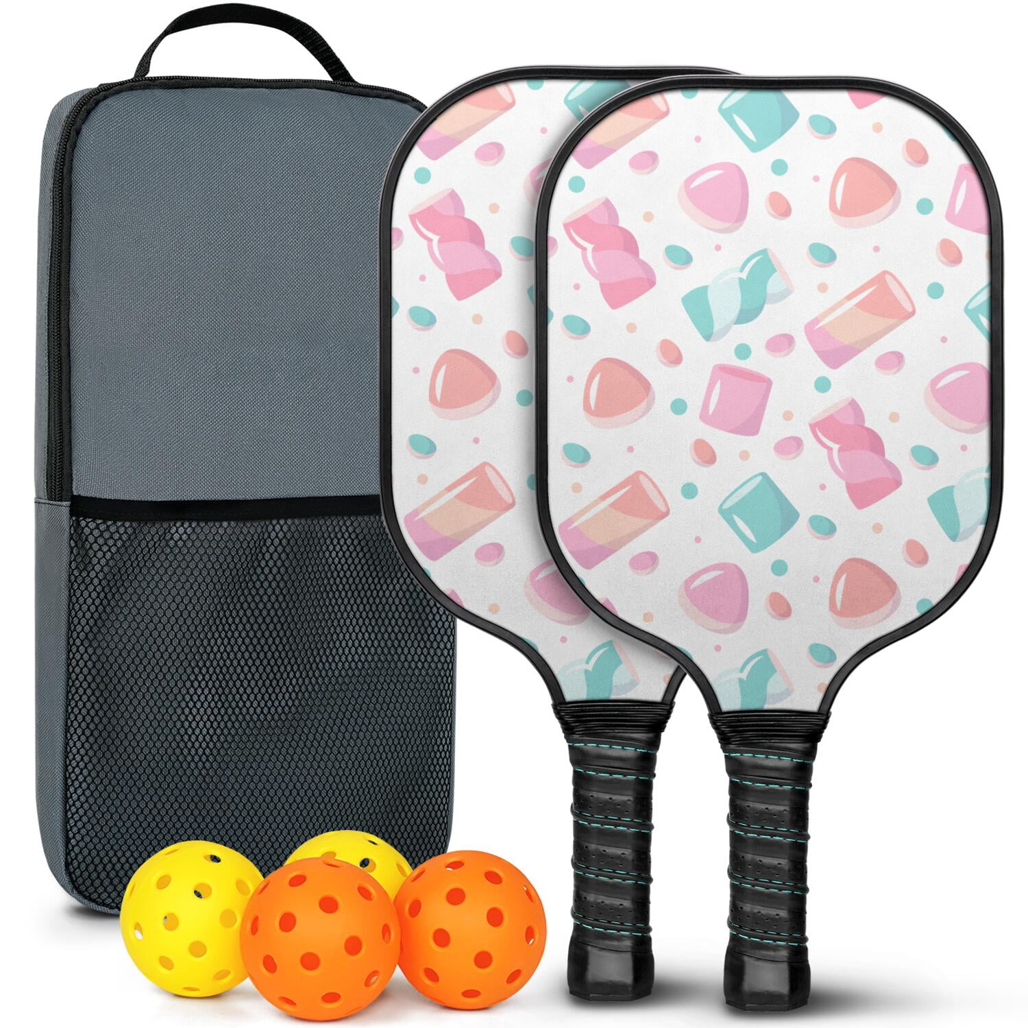 Pickleball Paddles Set Of 2, Fiberglass Surface, Sweet Candy Print, 4 Balls & Bag