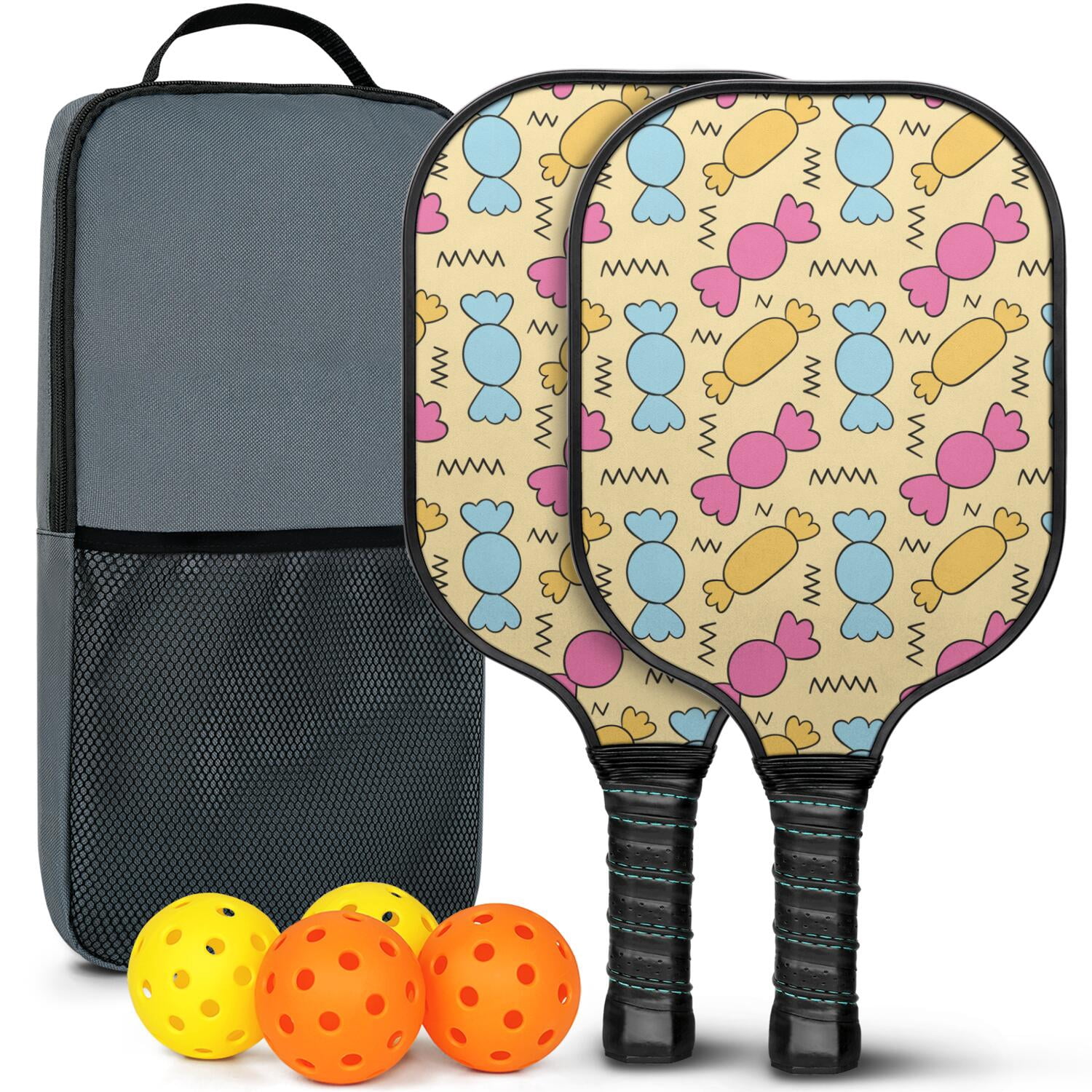Pickleball Paddles Set Of 2, Fiberglass Surface, Sweet Candy Print, 4 Balls & Bag