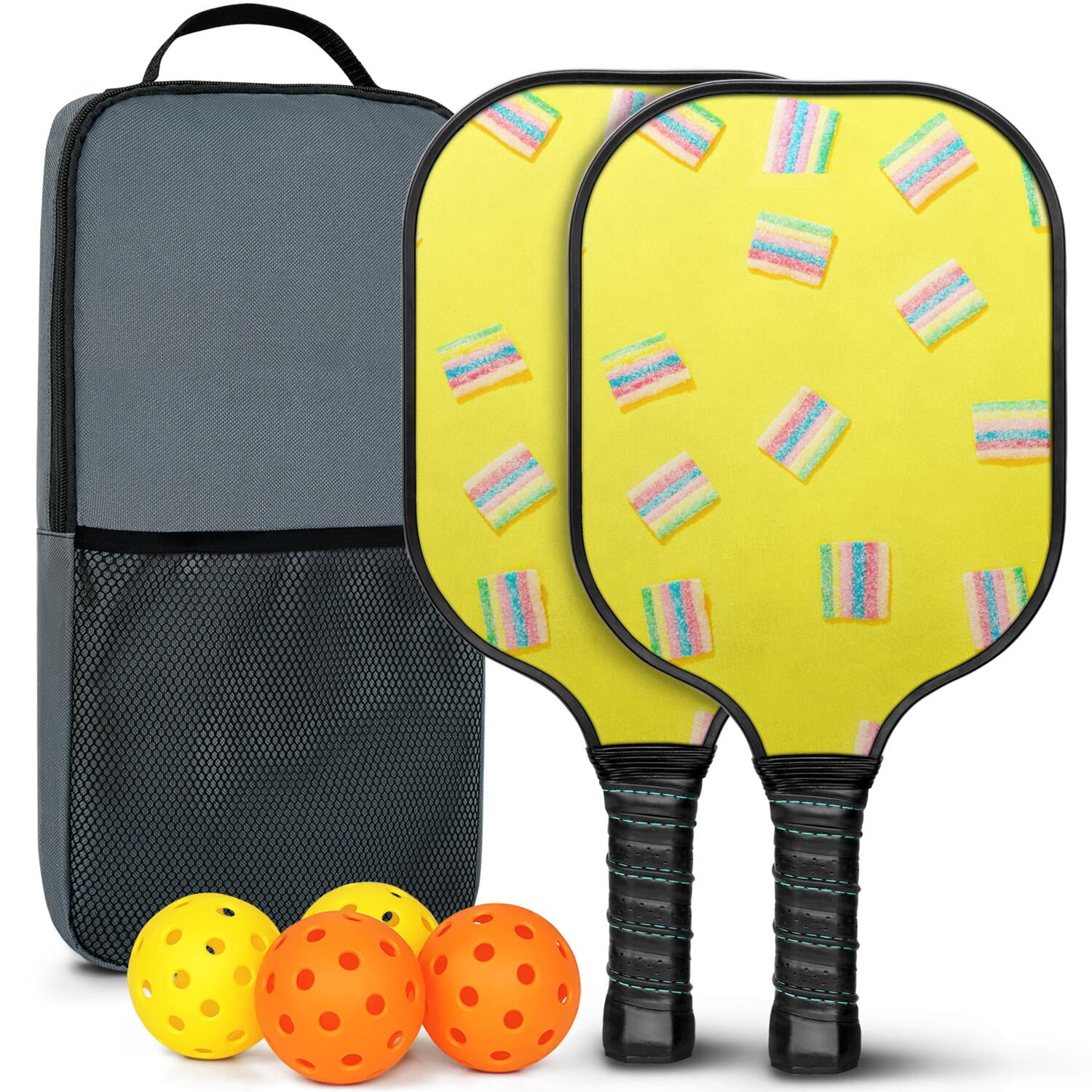 Pickleball Paddles Set Of 2, Fiberglass Surface, Sweet Candy Print, 4 Balls & Bag
