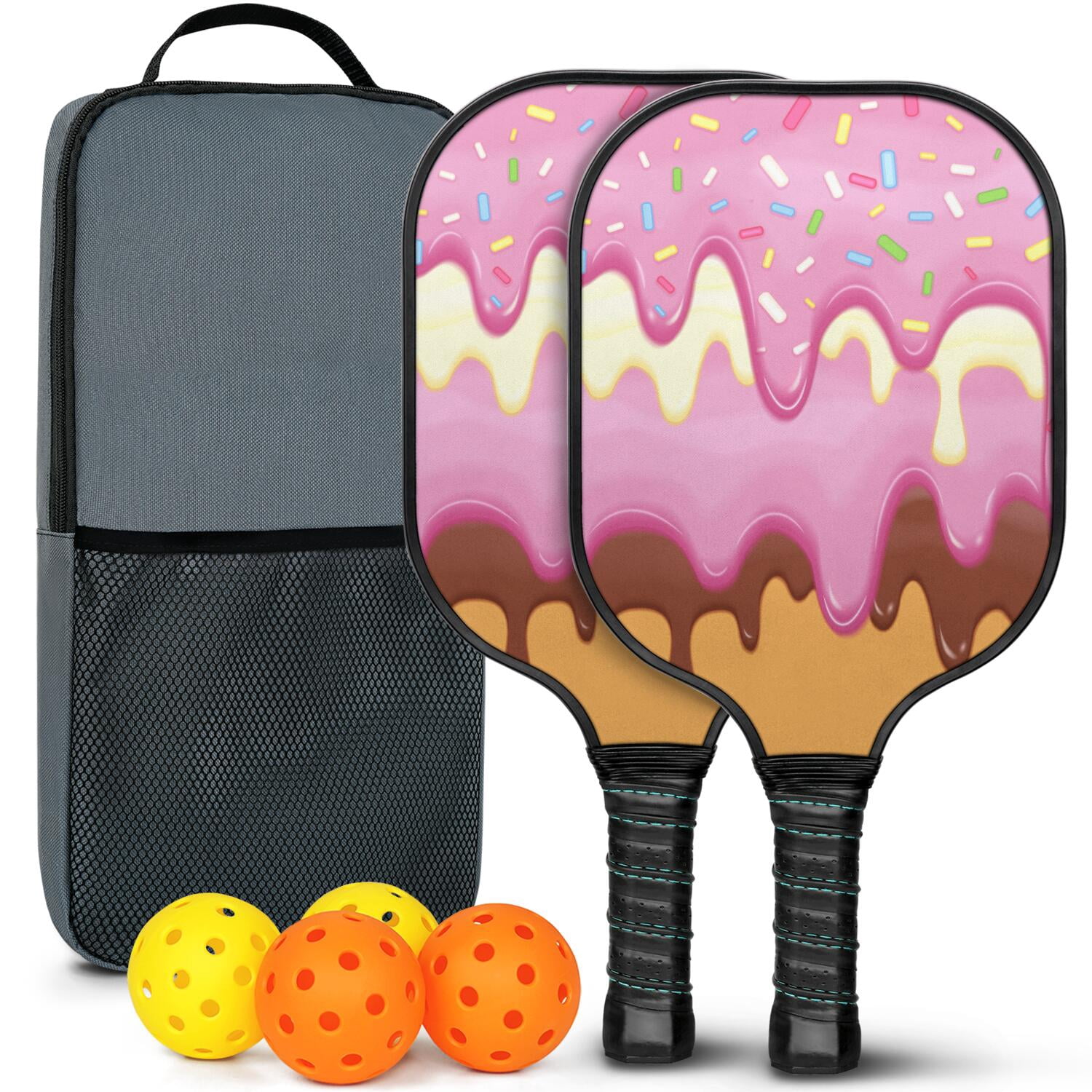 Pickleball Paddles Set Of 2, Fiberglass Surface, Sweet Candy Print, 4 Balls & Bag