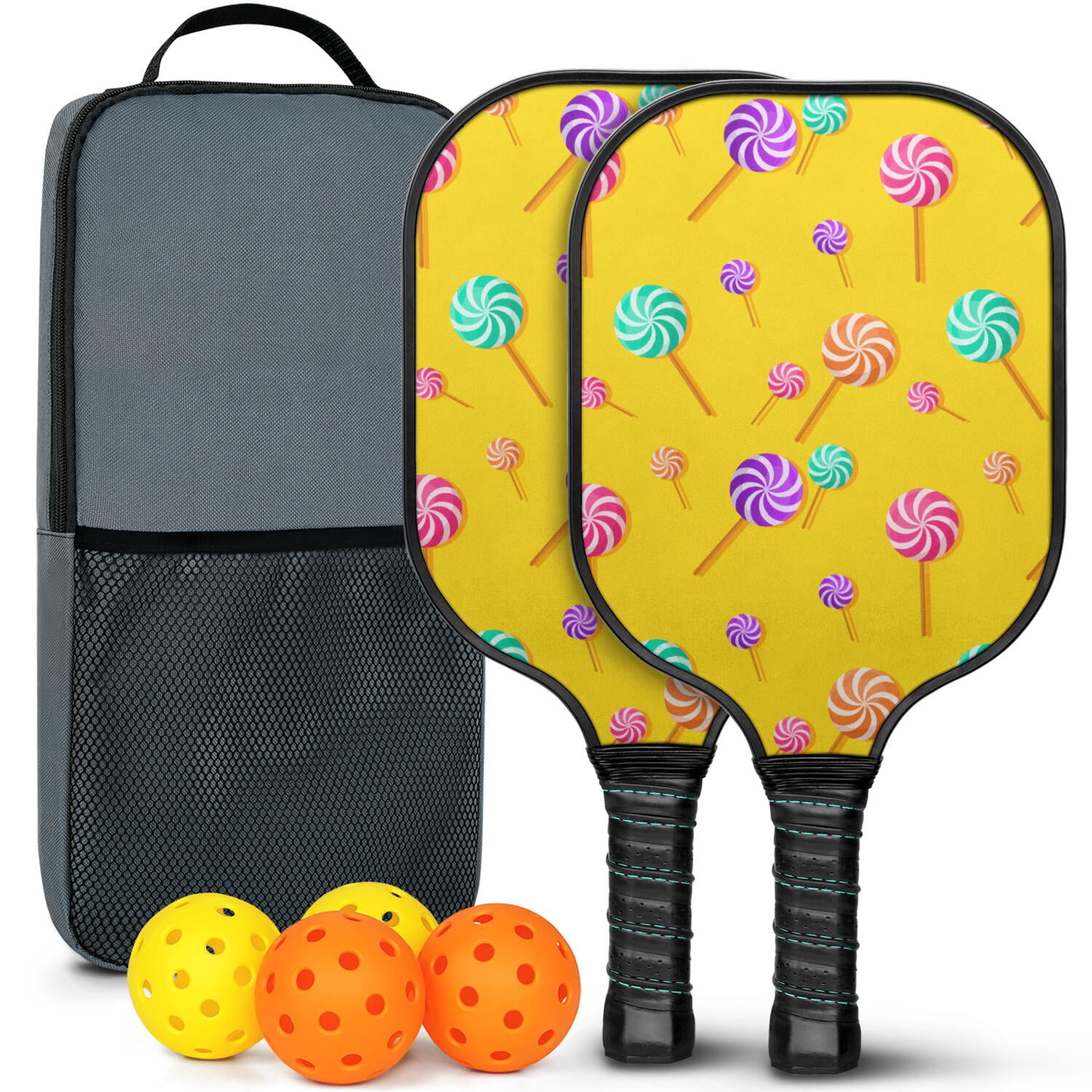 Pickleball Paddles Set Of 2, Fiberglass Surface, Sweet Candy Print, 4 Balls & Bag