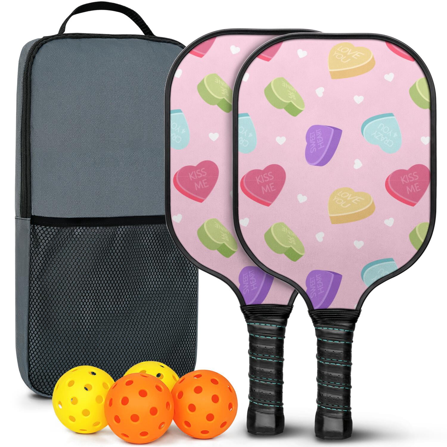 Pickleball Paddles Set Of 2, Fiberglass Surface, Sweet Candy Print, 4 Balls & Bag