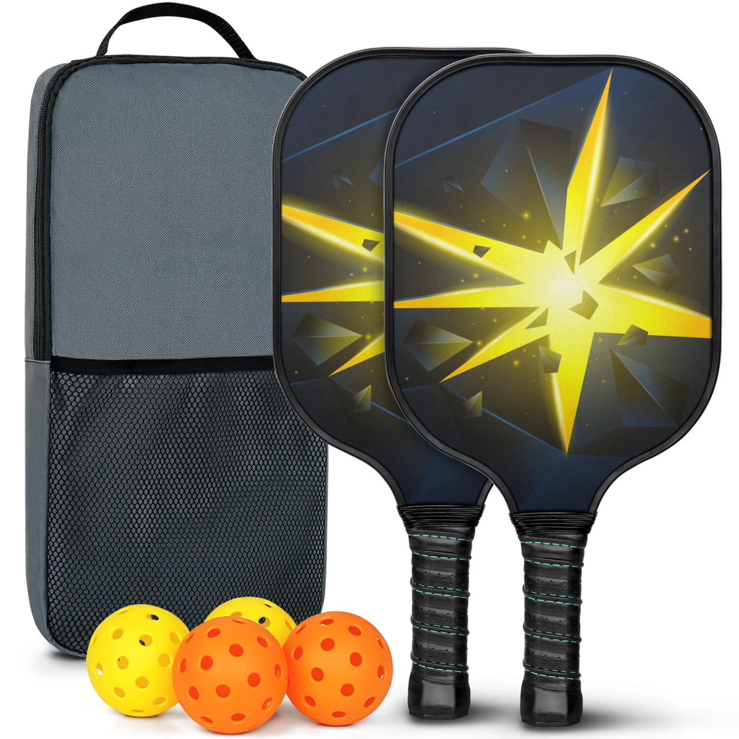 Pickleball Paddles Set Of 2, Fiberglass Surface, Thunder, Speed Print, 4 Balls & Bag
