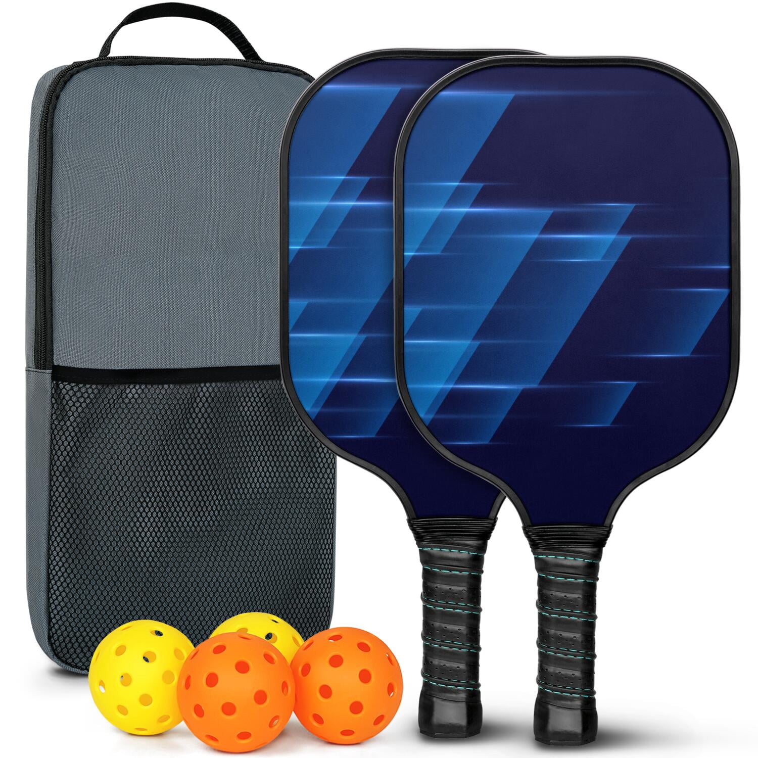 Pickleball Paddles Set Of 2, Fiberglass Surface, Thunder, Speed Print, 4 Balls & Bag