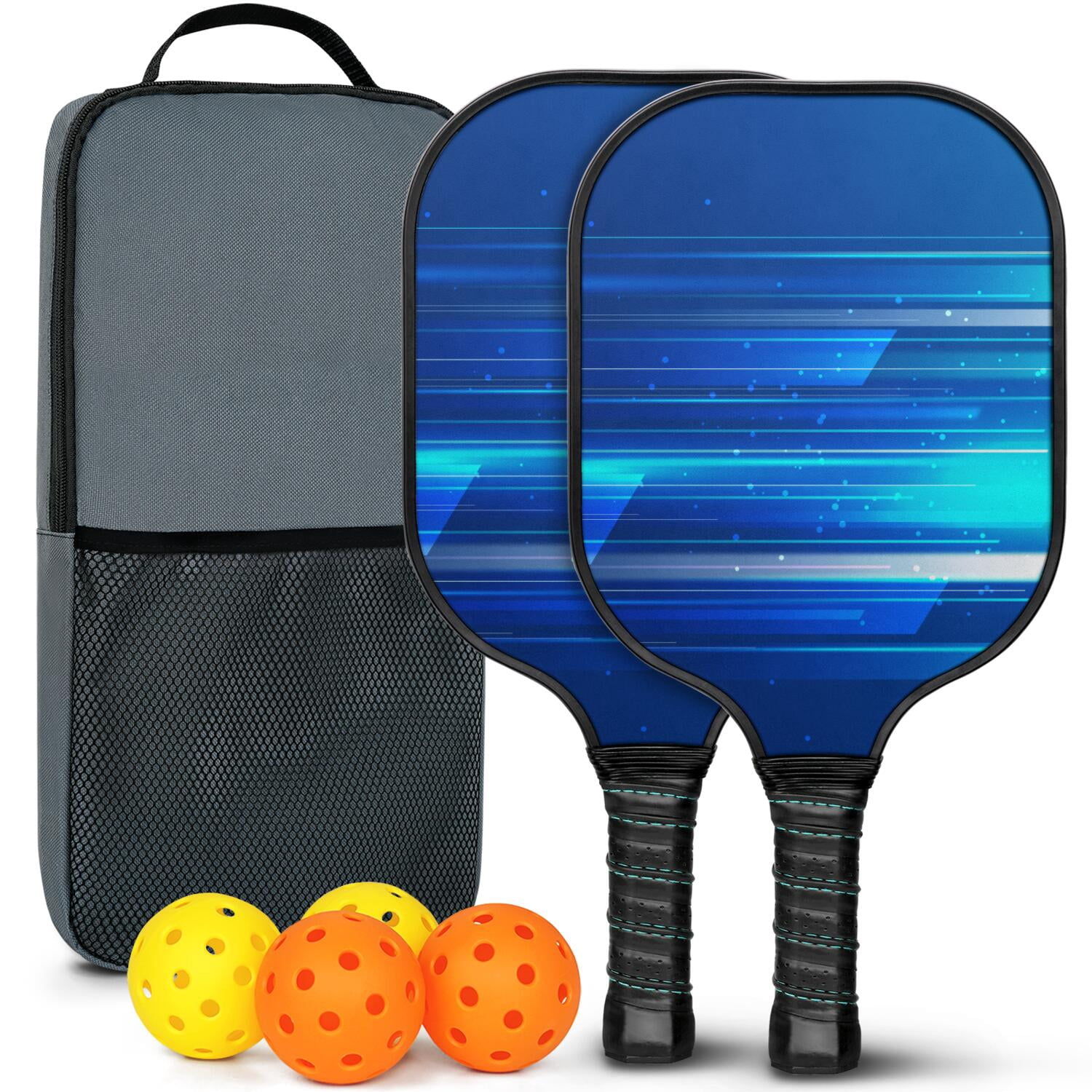 Pickleball Paddles Set Of 2, Fiberglass Surface, Thunder, Speed Print, 4 Balls & Bag