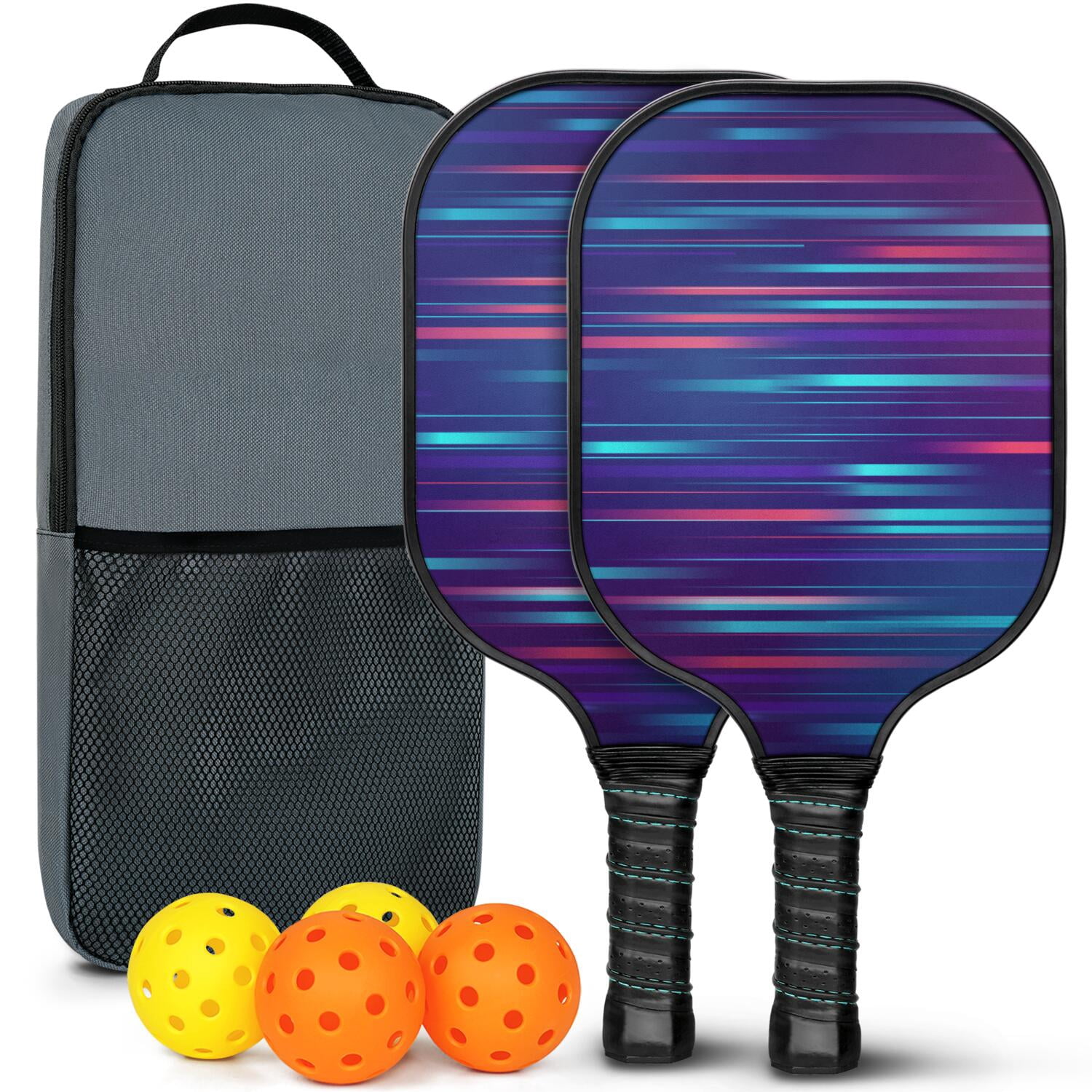 Pickleball Paddles Set Of 2, Fiberglass Surface, Thunder, Speed Print, 4 Balls & Bag