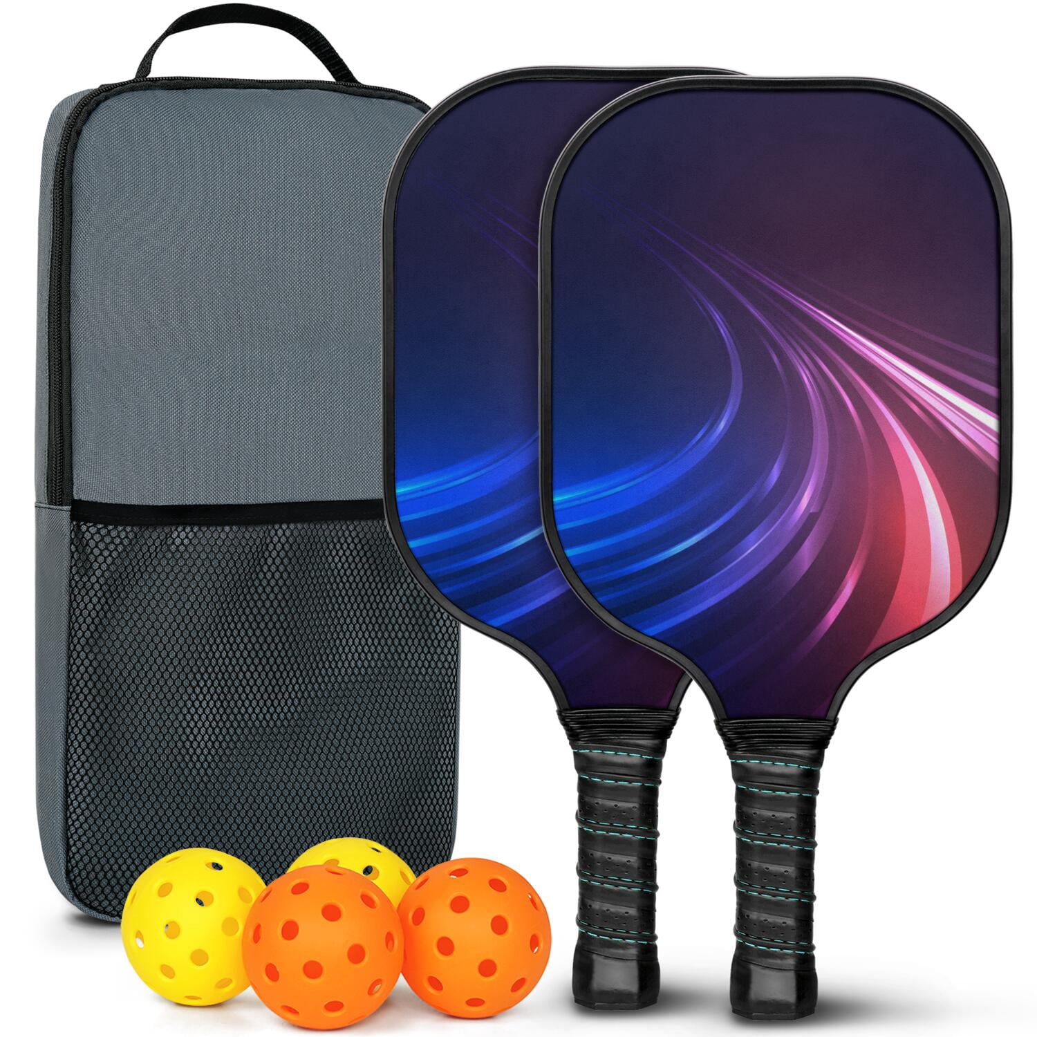 Pickleball Paddles Set Of 2, Fiberglass Surface, Thunder, Speed Print, 4 Balls & Bag