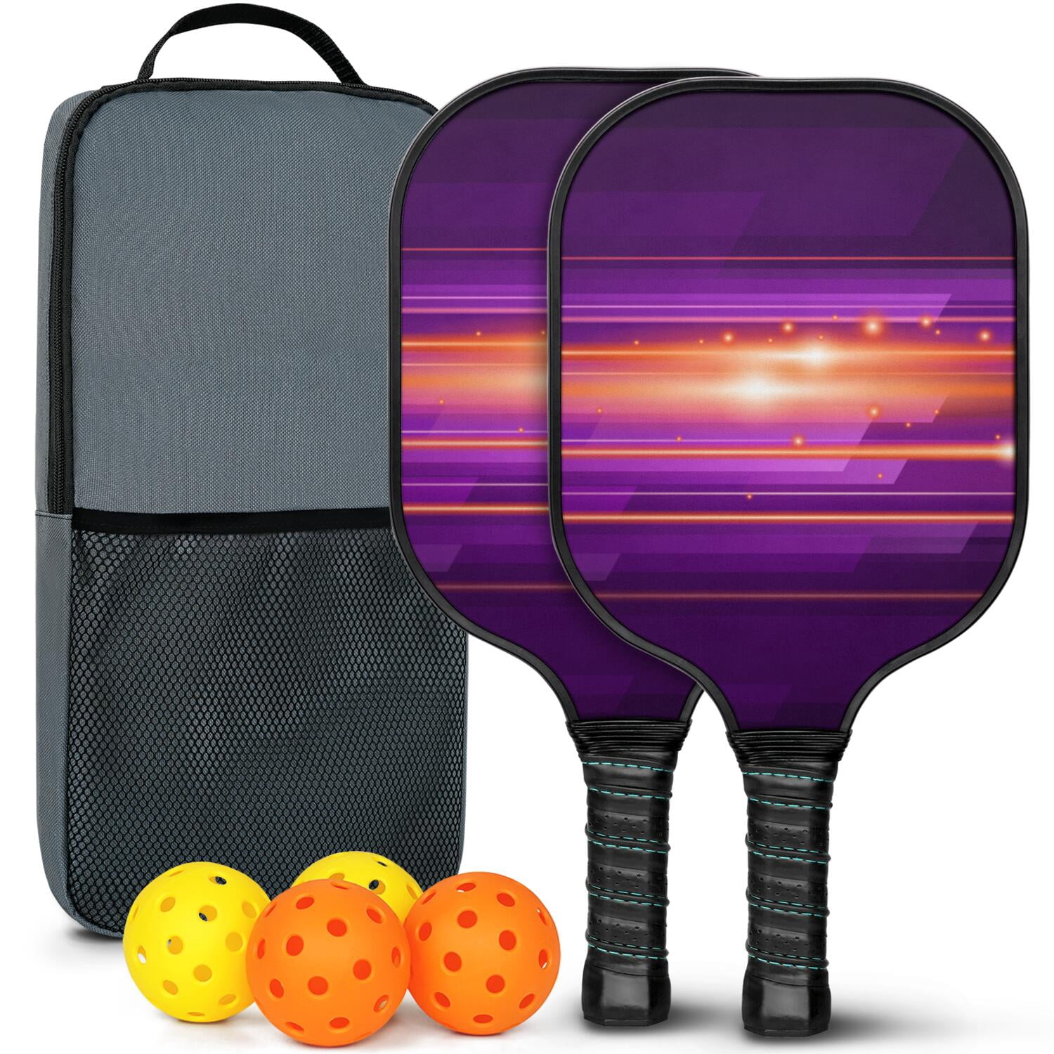 Pickleball Paddles Set Of 2, Fiberglass Surface, Thunder, Speed Print, 4 Balls & Bag