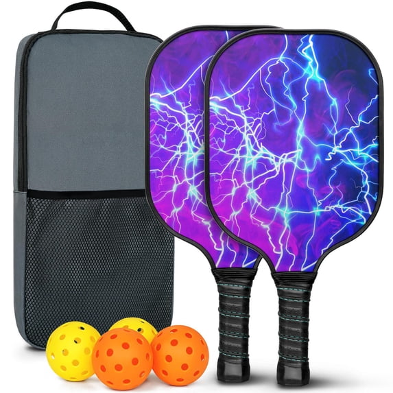 Pickleball Paddles Set Of 2, Fiberglass Surface, Thunder, Speed Print, 4 Balls & Bag
