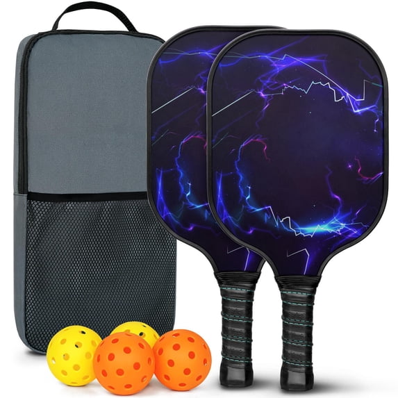 Pickleball Paddles Set Of 2, Fiberglass Surface, Thunder, Speed Print, 4 Balls & Bag
