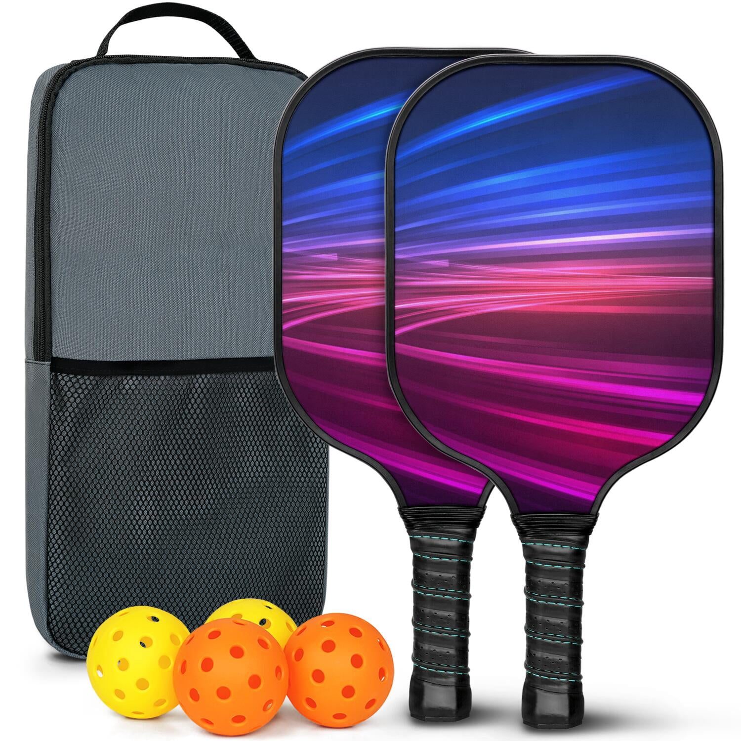 Pickleball Paddles Set Of 2, Fiberglass Surface, Thunder, Speed Print, 4 Balls & Bag