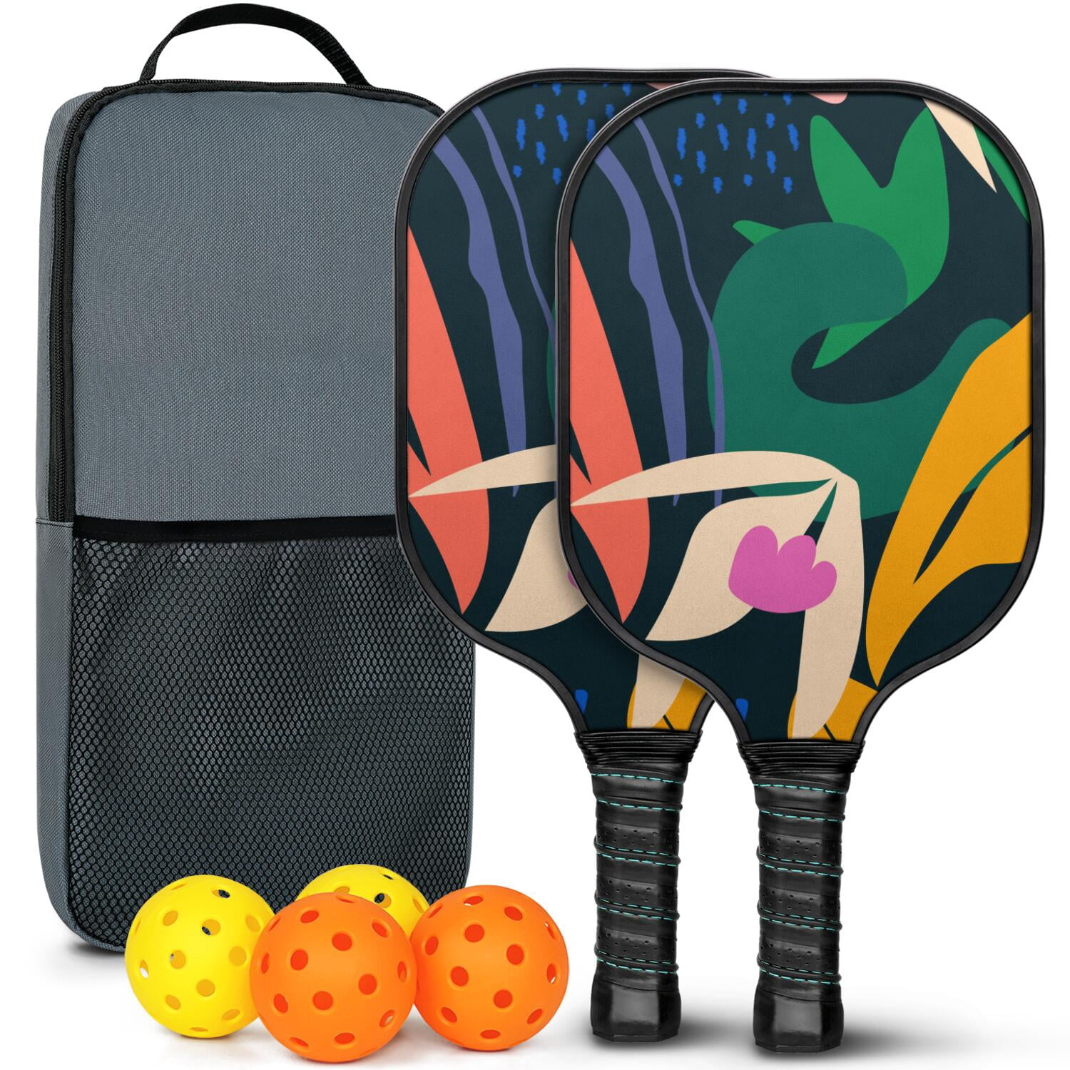 Pickleball Paddles Set Of 2, Fiberglass Surface, Tropical Jungle Print, 4 Balls & Bag