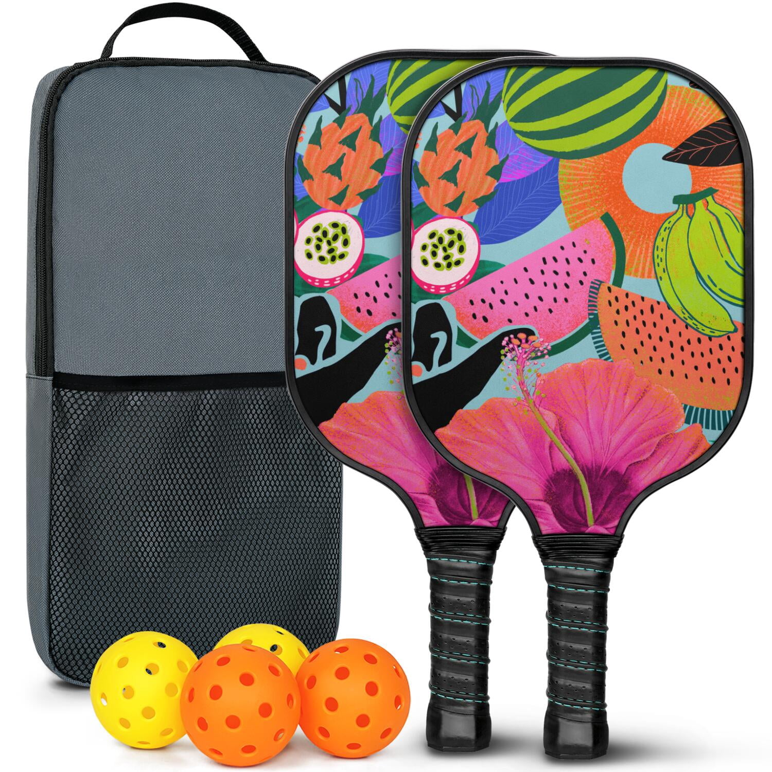 Pickleball Paddles Set Of 2, Fiberglass Surface, Tropical Jungle Print, 4 Balls & Bag
