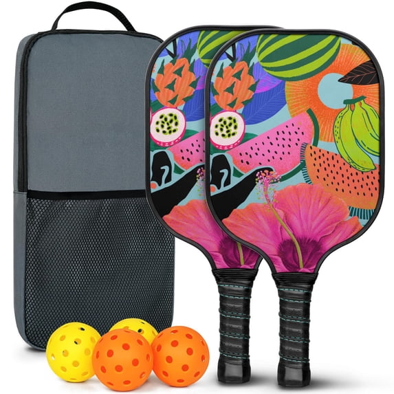 Pickleball Paddles Set Of 2, Fiberglass Surface, Tropical Jungle Print, 4 Balls & Bag