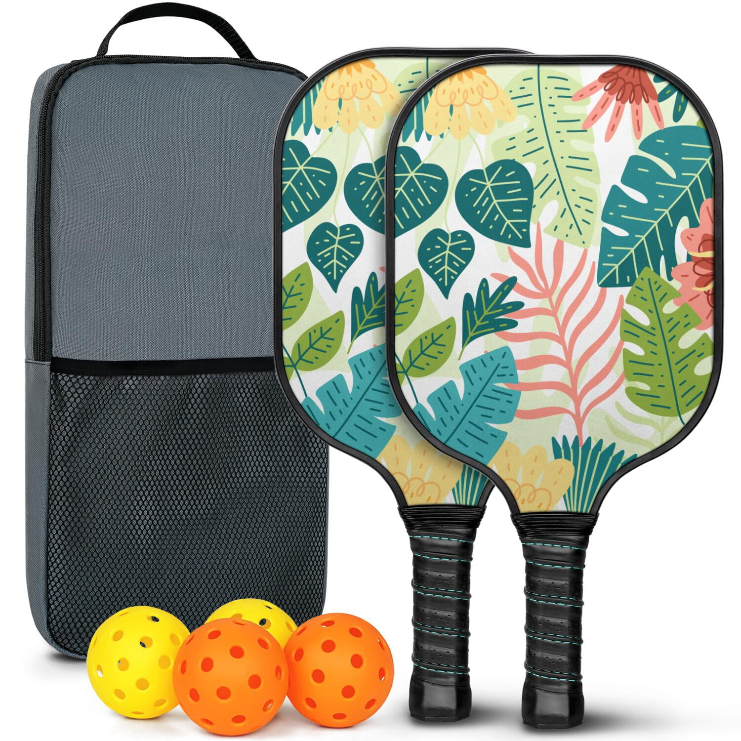 Pickleball Paddles Set Of 2, Fiberglass Surface, Tropical Jungle Print, 4 Balls & Bag