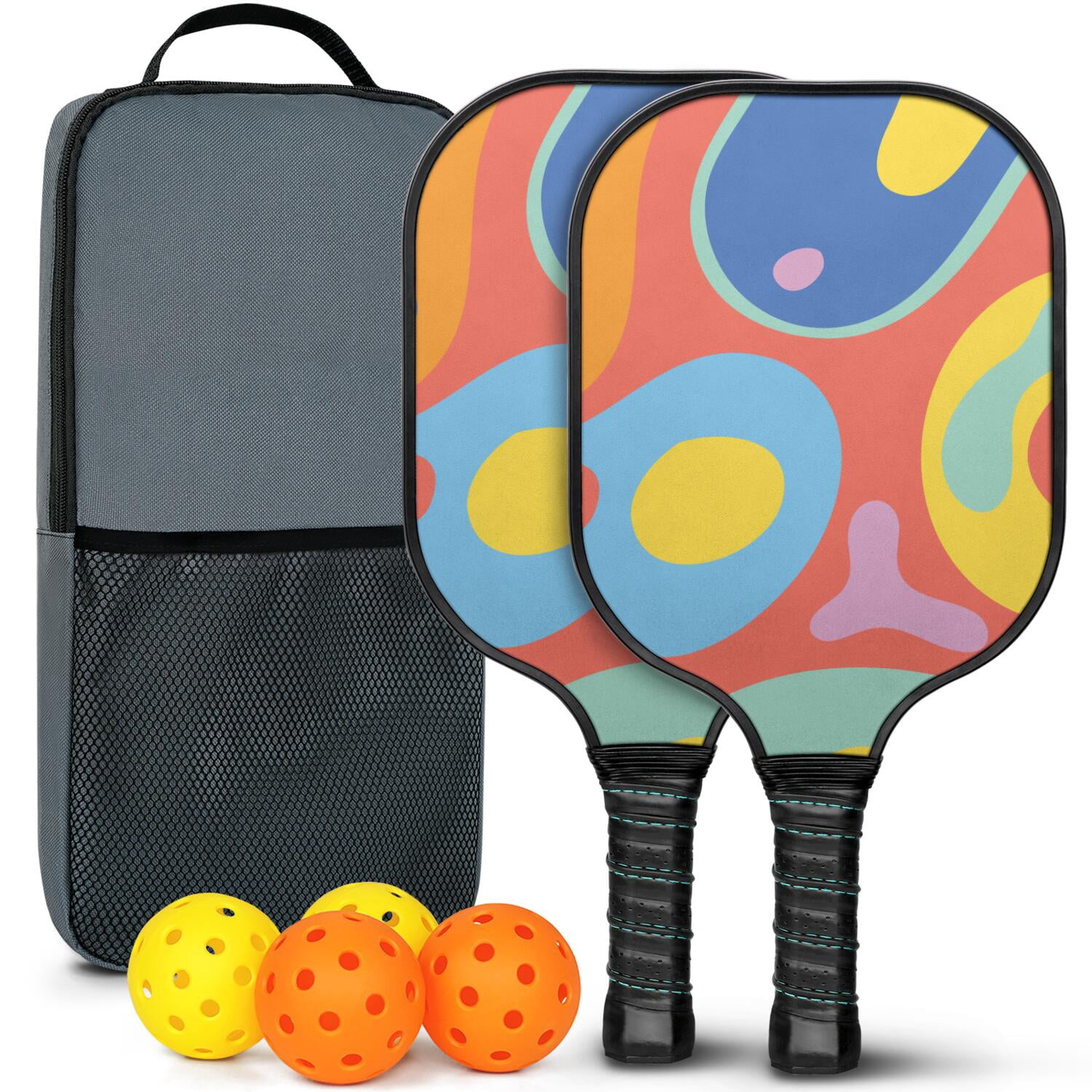 Pickleball Paddles Set Of 2, Fiberglass Surface, Tropical Jungle Print, 4 Balls & Bag