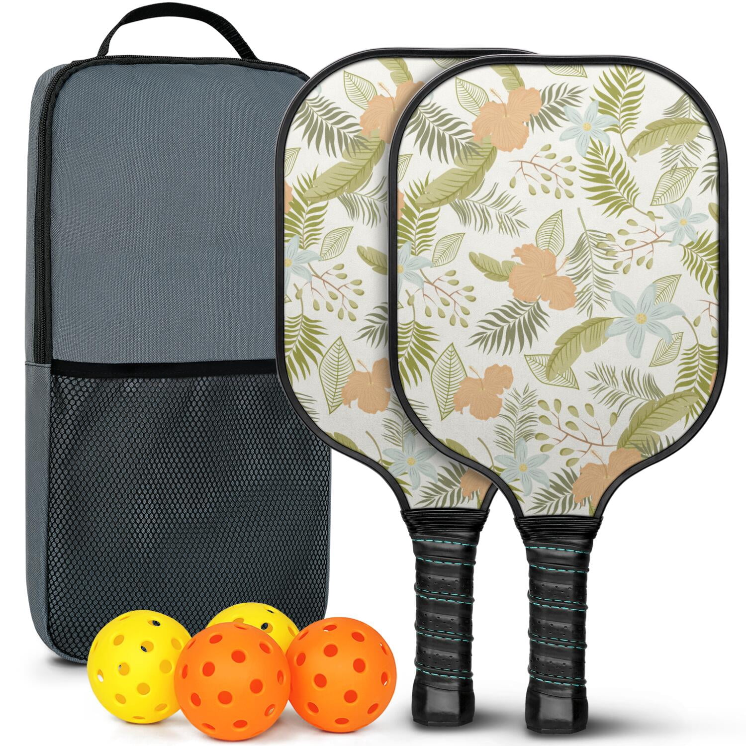Pickleball Paddles Set Of 2, Fiberglass Surface, Tropical Jungle Print, 4 Balls & Bag