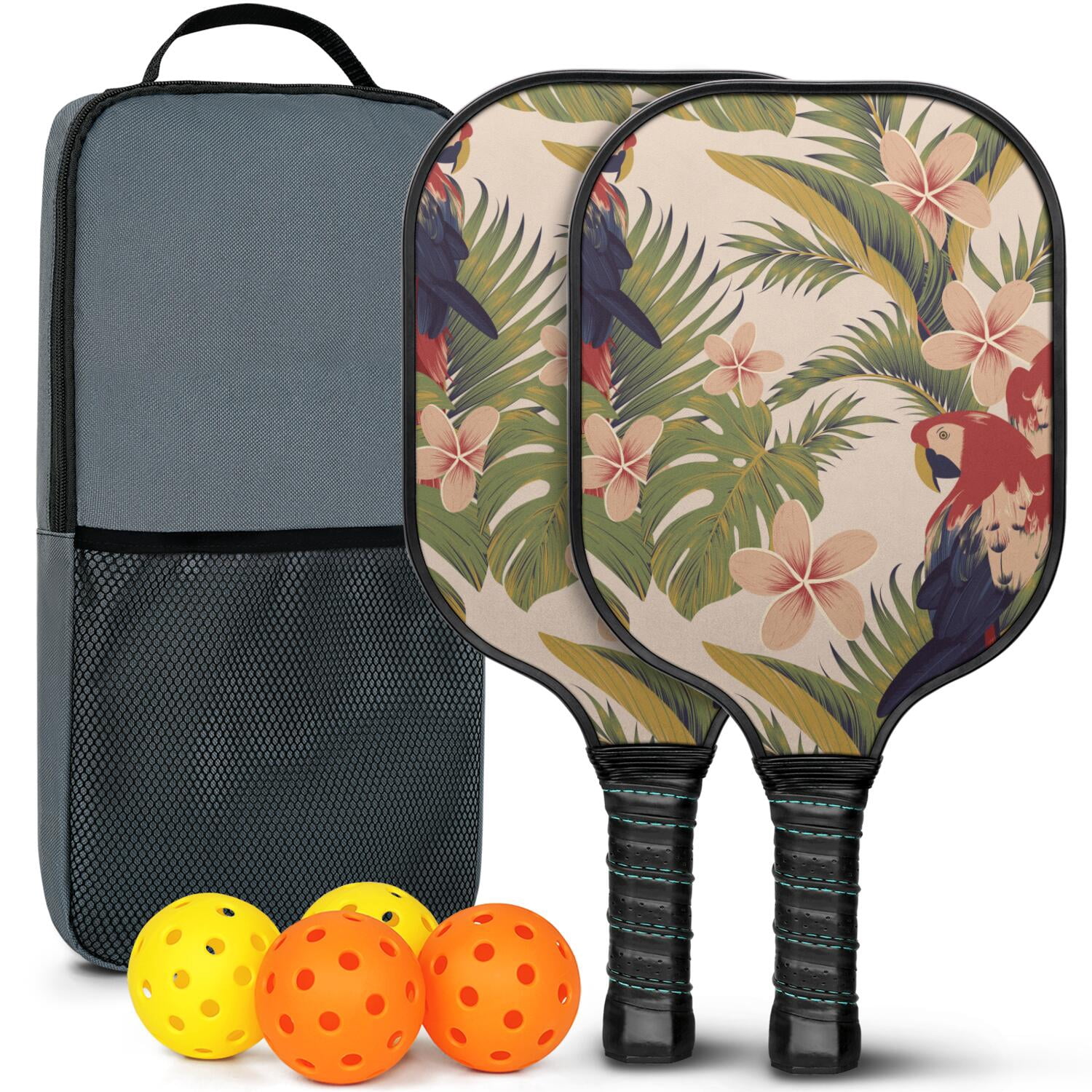 Pickleball Paddles Set Of 2, Fiberglass Surface, Tropical Jungle Print, 4 Balls & Bag