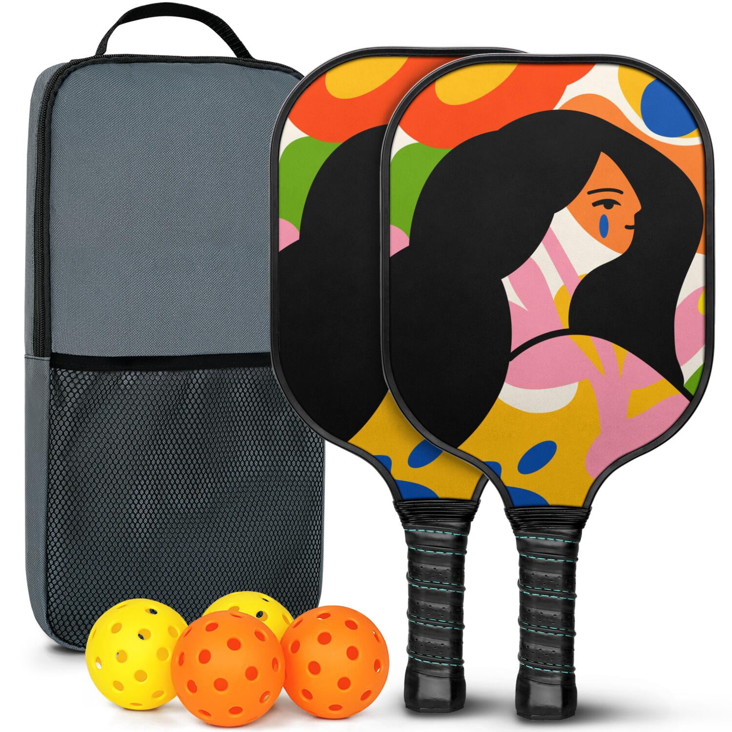 Pickleball Paddles Set Of 2, Fiberglass Surface, Tropical Jungle Print, 4 Balls & Bag