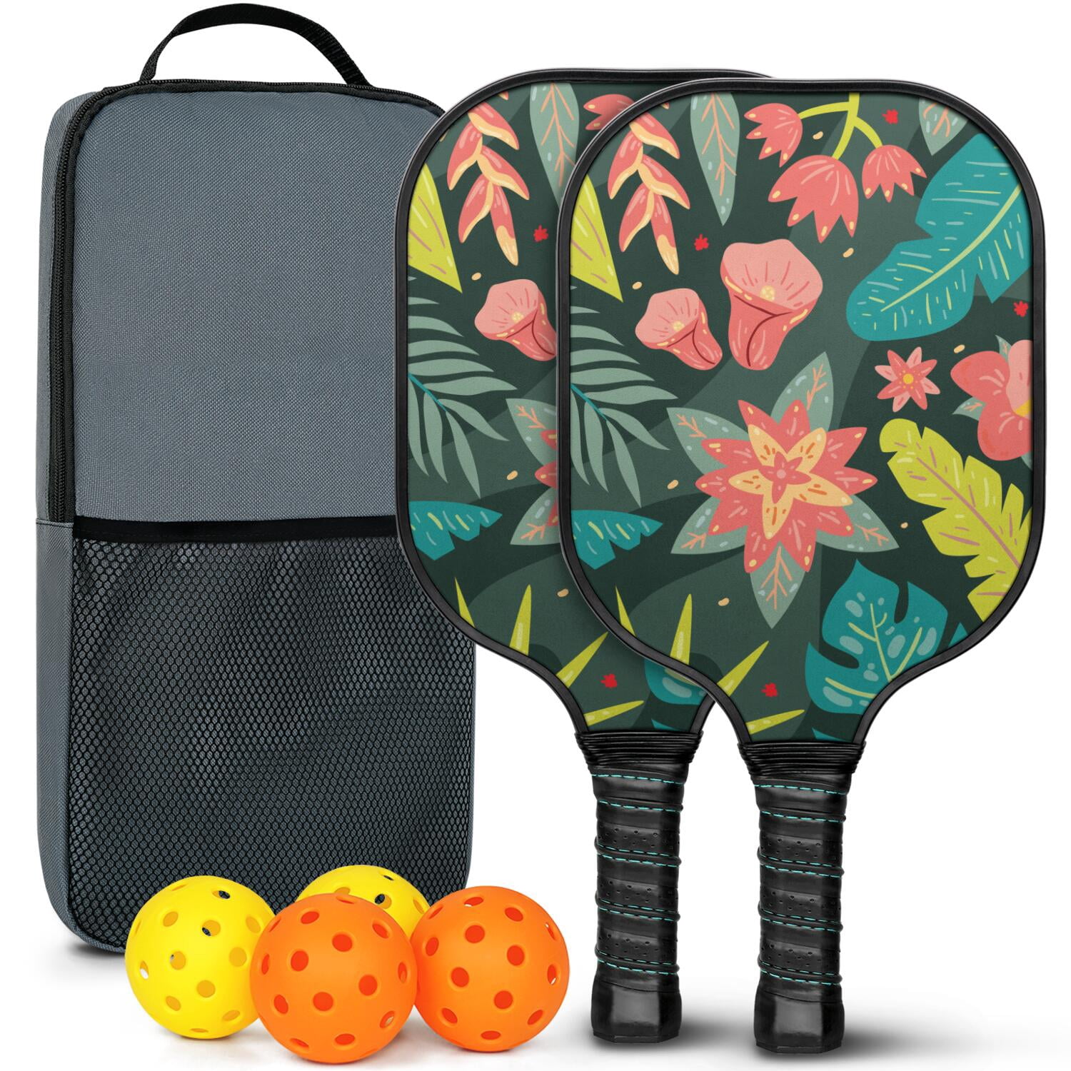 Pickleball Paddles Set Of 2, Fiberglass Surface, Tropical Jungle Print, 4 Balls & Bag