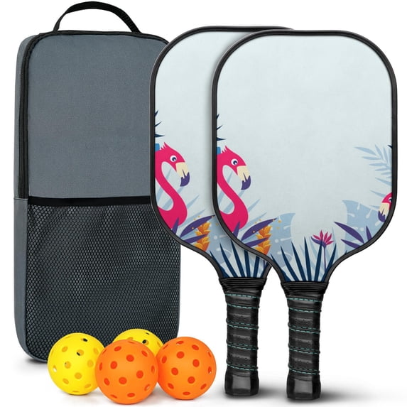 Pickleball Paddles Set Of 2, Fiberglass Surface, Tropical Jungle Print, 4 Balls & Bag