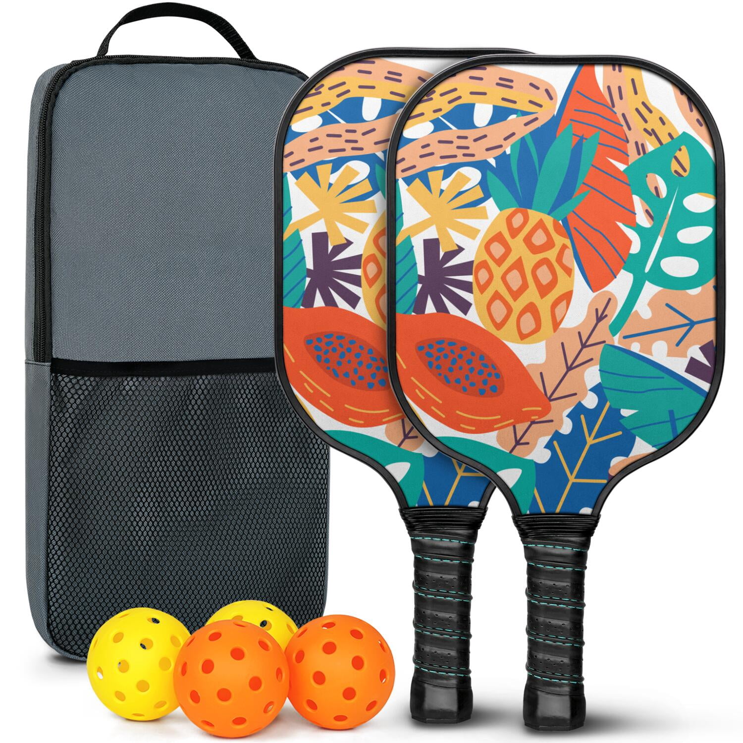 Pickleball Paddles Set Of 2, Fiberglass Surface, Tropical Jungle Print, 4 Balls & Bag
