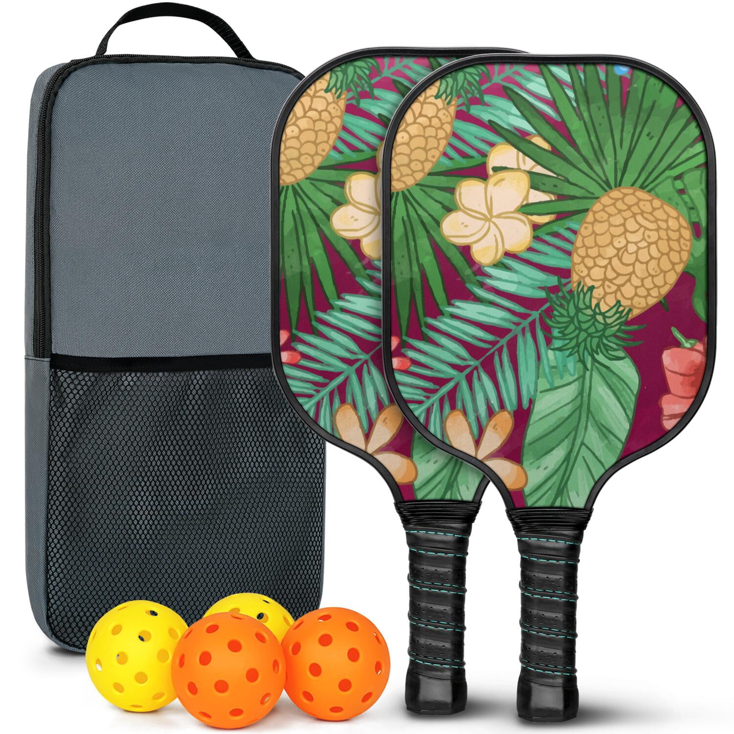 Pickleball Paddles Set Of 2, Fiberglass Surface, Tropical Jungle Print, 4 Balls & Bag