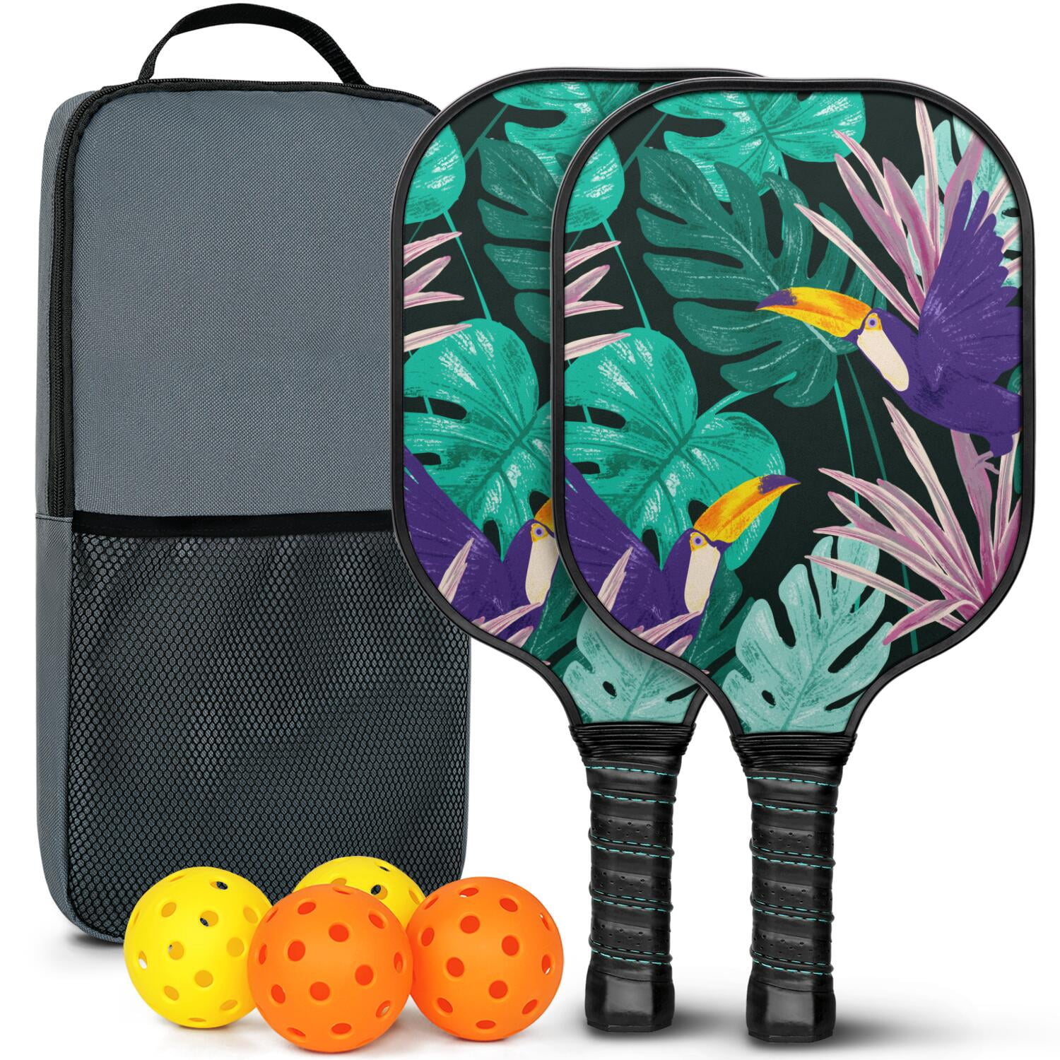 Pickleball Paddles Set Of 2, Fiberglass Surface, Tropical Jungle Print, 4 Balls & Bag