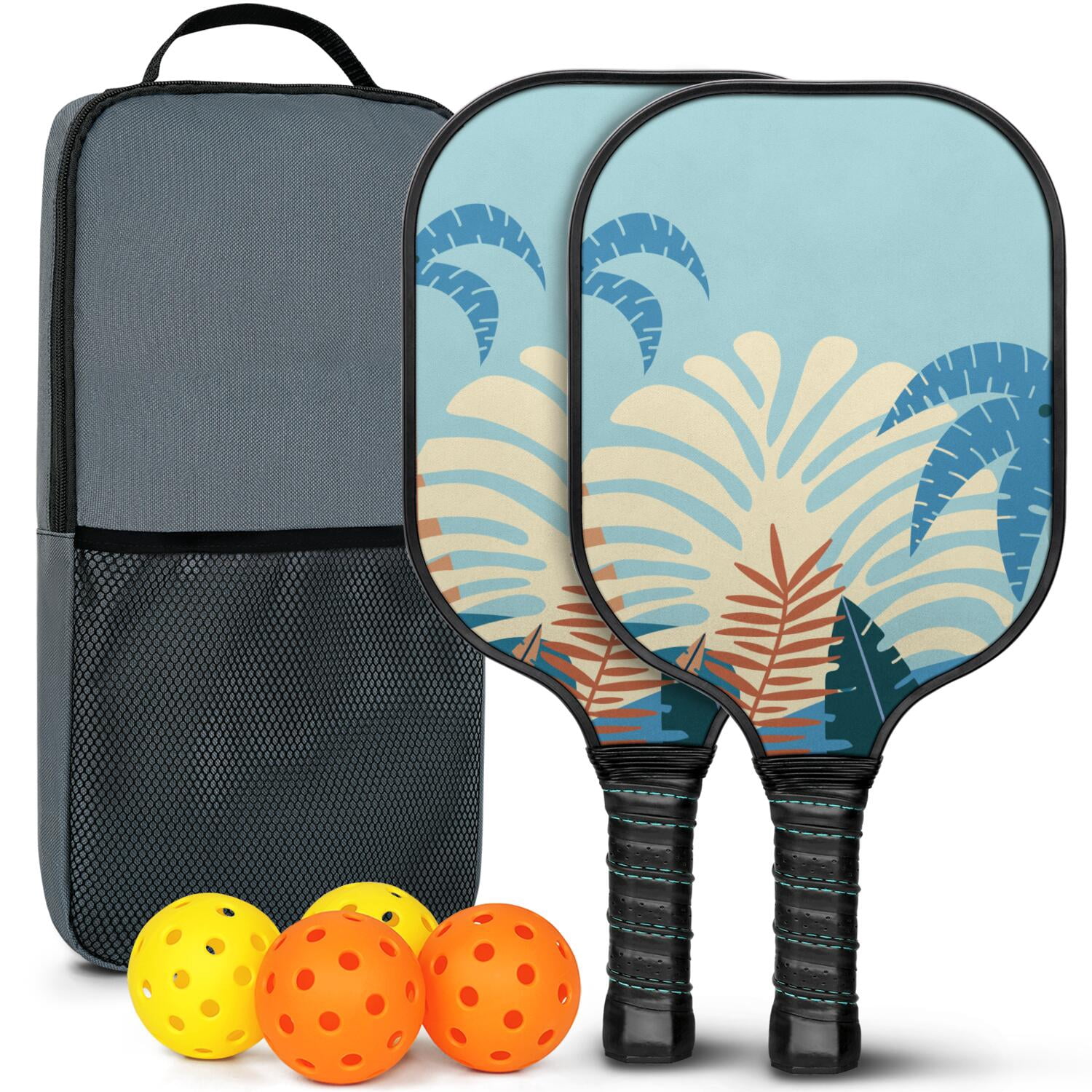 Pickleball Paddles Set Of 2, Fiberglass Surface, Tropical Jungle Print, 4 Balls & Bag