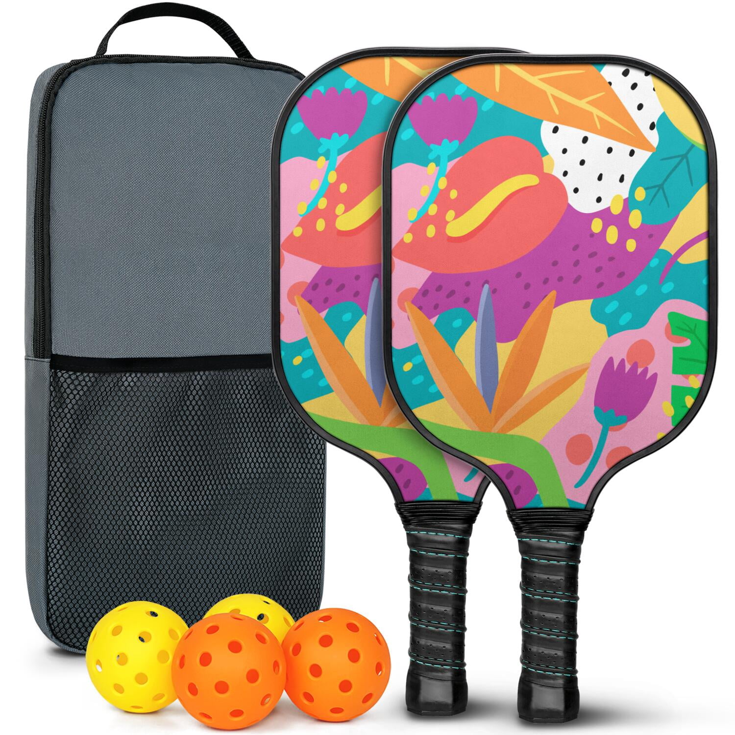 Pickleball Paddles Set Of 2, Fiberglass Surface, Tropical Jungle Print, 4 Balls & Bag
