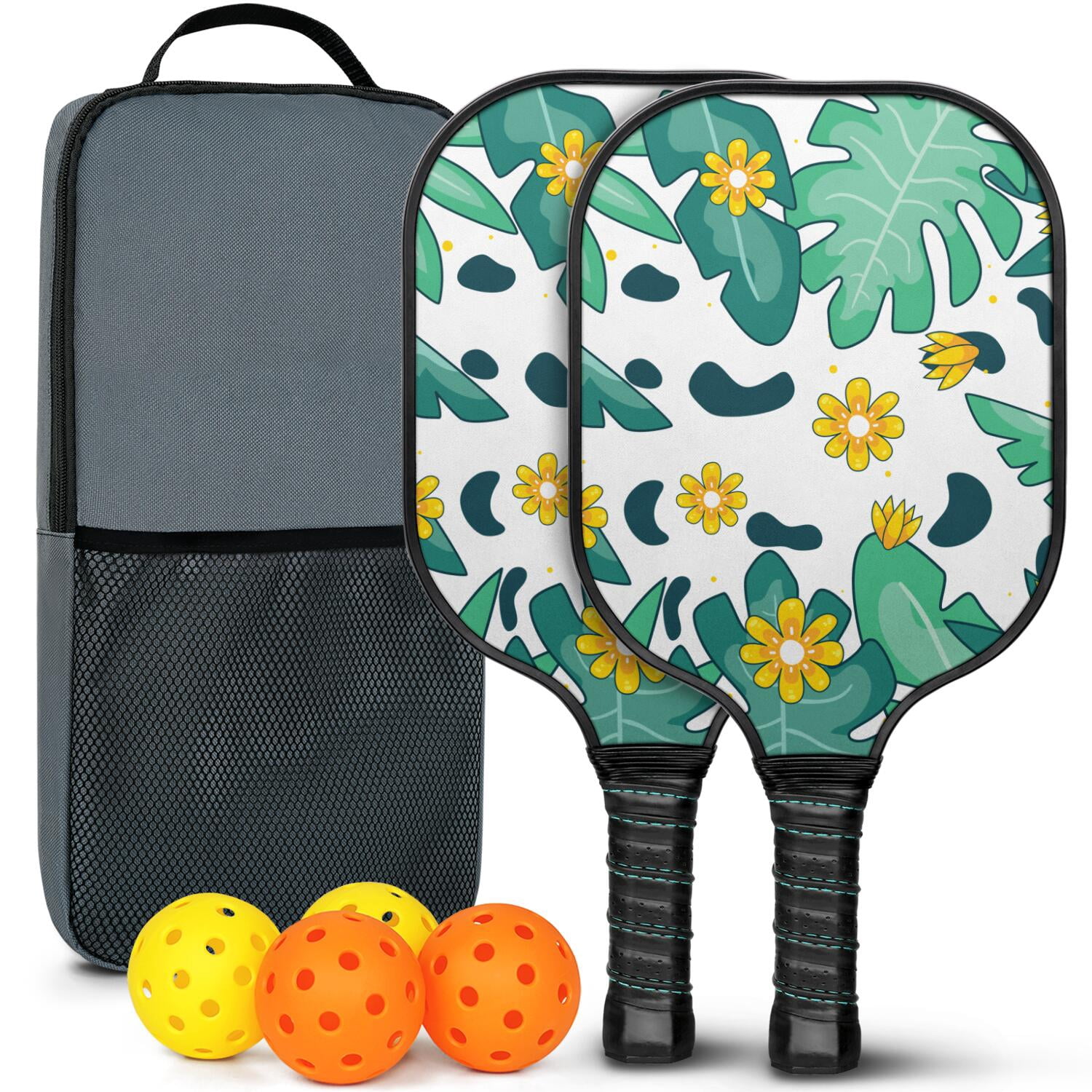 Pickleball Paddles Set Of 2, Fiberglass Surface, Tropical Jungle Print, 4 Balls & Bag