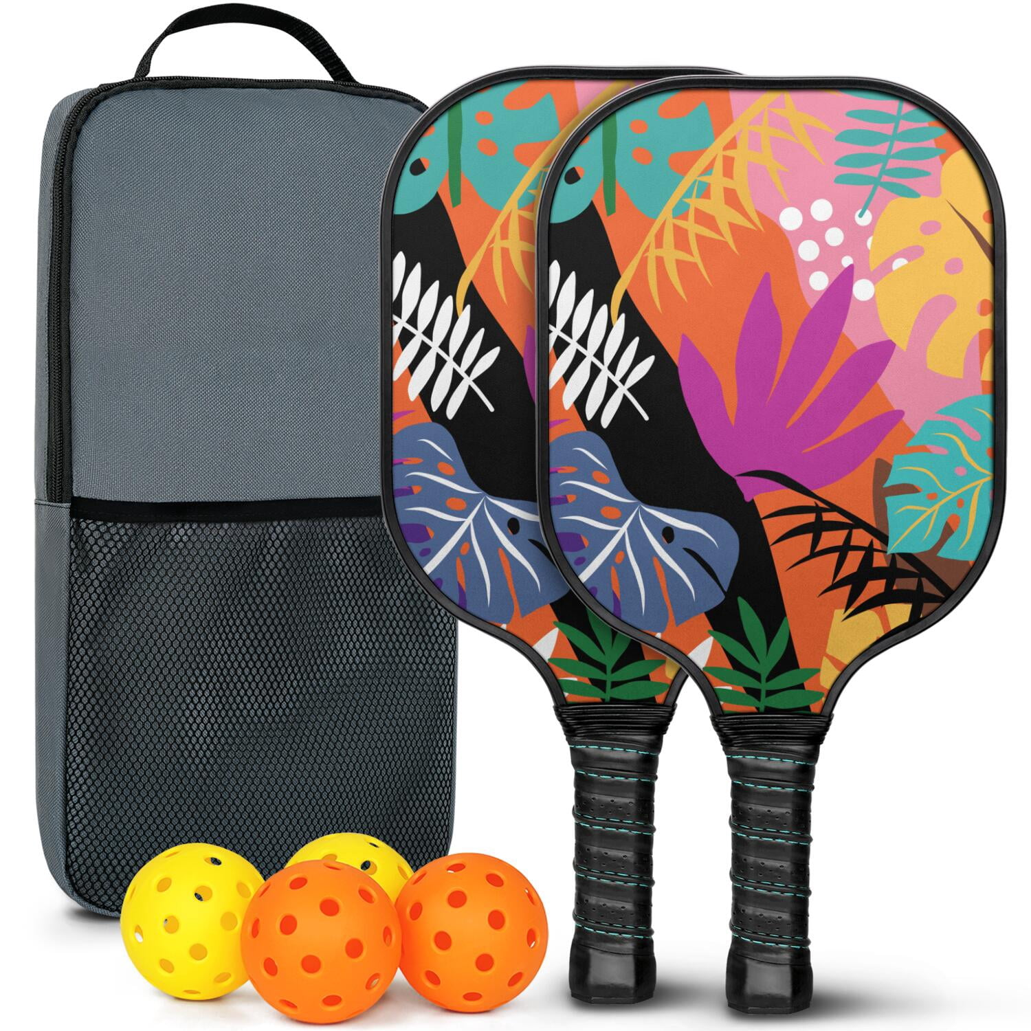 Pickleball Paddles Set Of 2, Fiberglass Surface, Tropical Jungle Print, 4 Balls & Bag