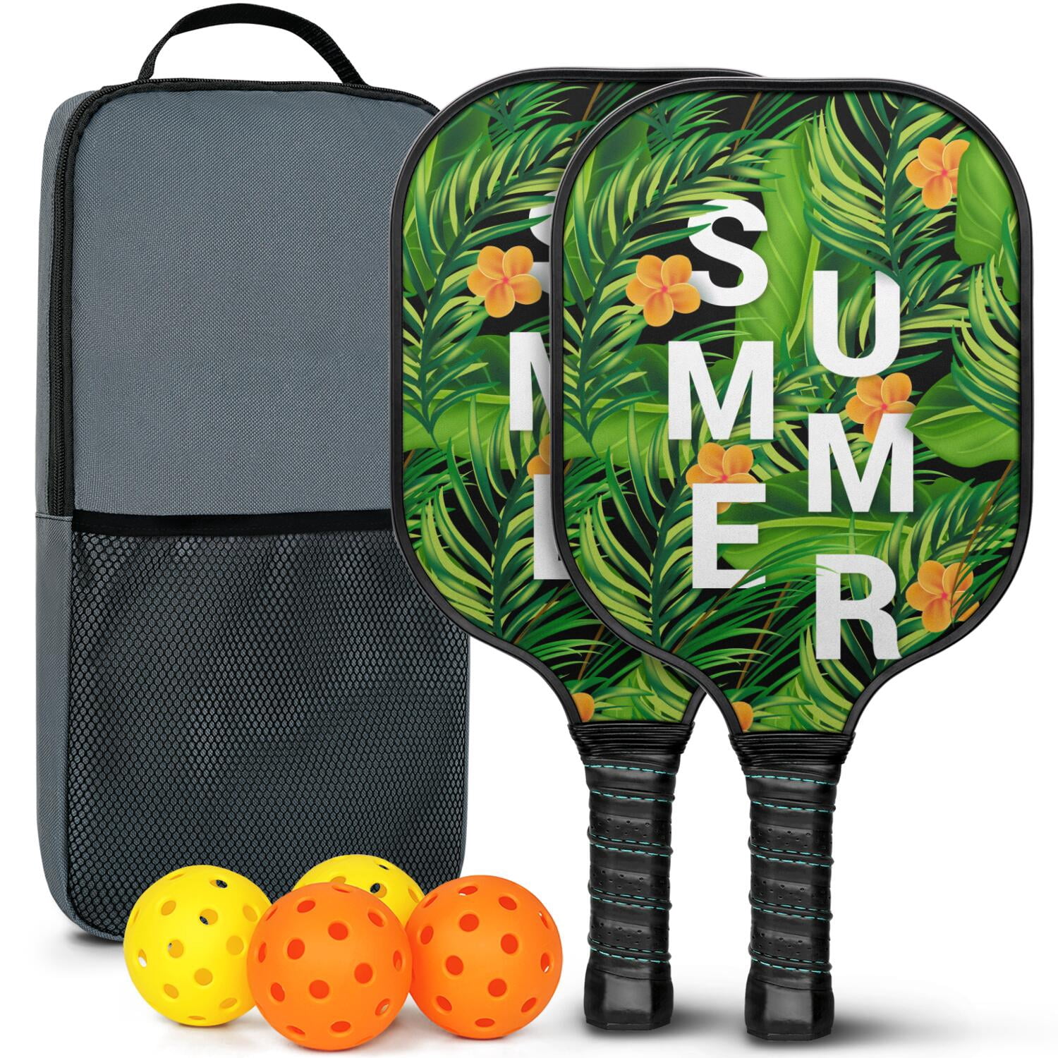 Pickleball Paddles Set Of 2, Fiberglass Surface, Tropical Jungle Print, 4 Balls & Bag