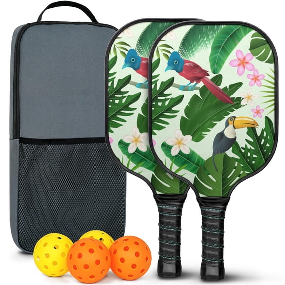 Pickleball Paddles Set Of 2, Fiberglass Surface, Tropical Jungle Print, 4 Balls & Bag