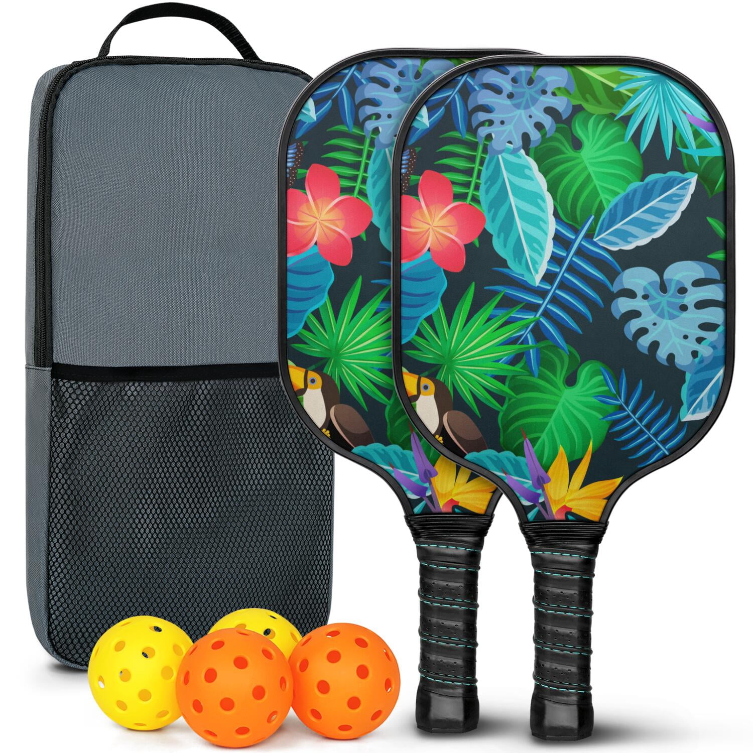 Pickleball Paddles Set Of 2, Fiberglass Surface, Tropical Jungle Print, 4 Balls & Bag