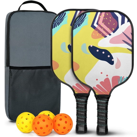 Pickleball Paddles Set Of 2, Fiberglass Surface, Tropical Jungle Print, 4 Balls & Bag